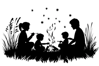 Family Silhouette Camping Around A Campfire