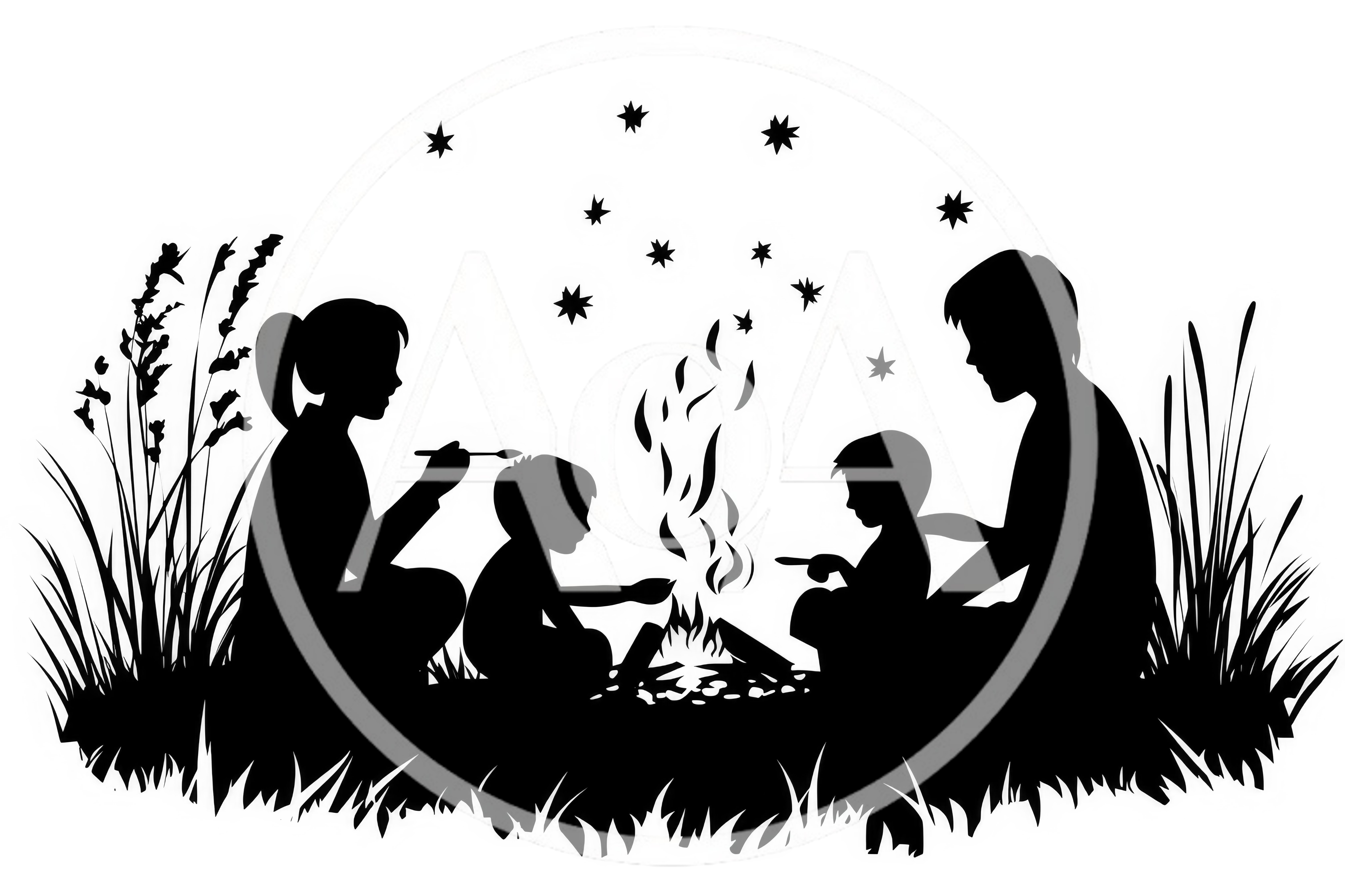 Family Silhouette Camping Around A Campfire