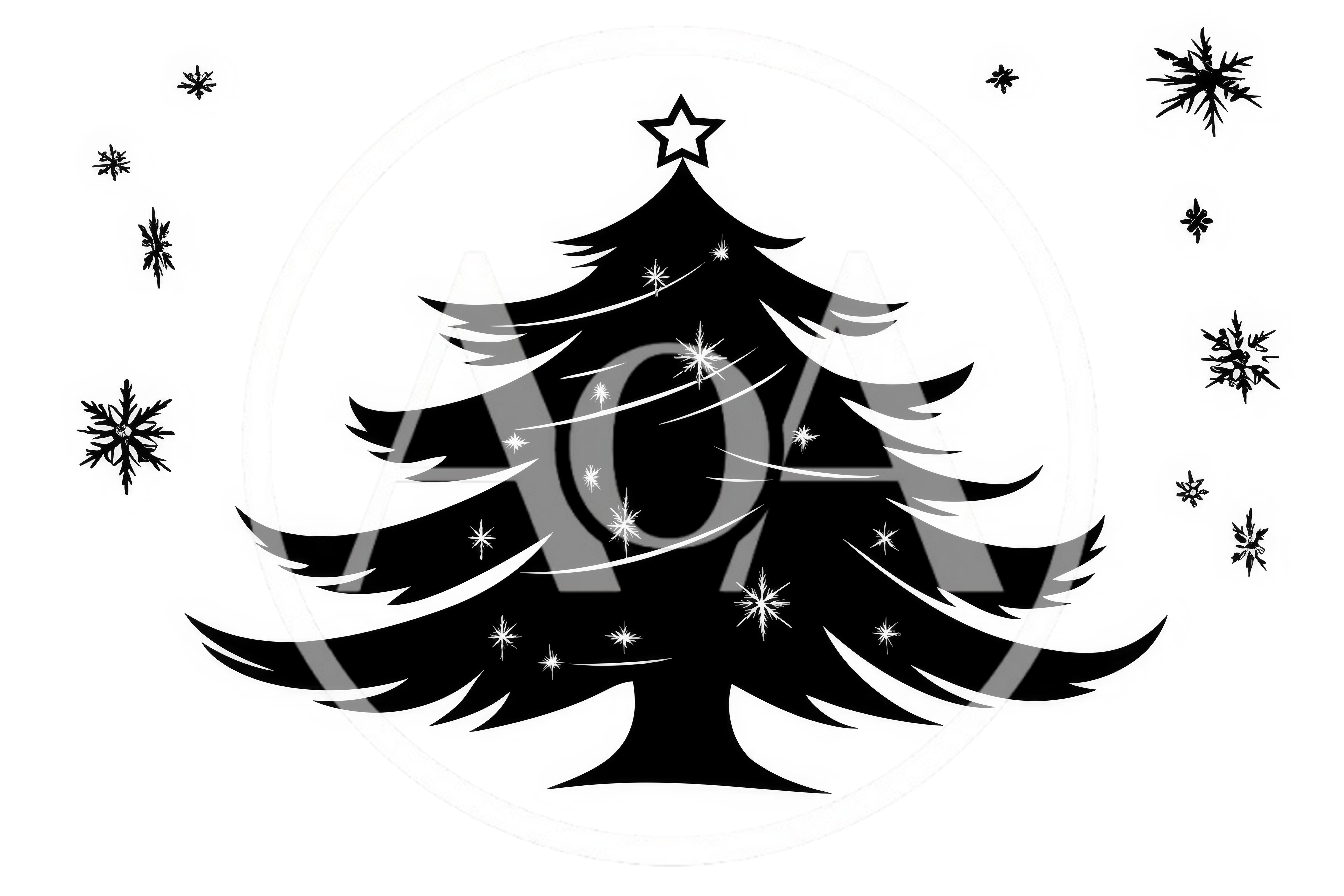 Black Silhouette Christmas Tree With Decorative Snowflakes