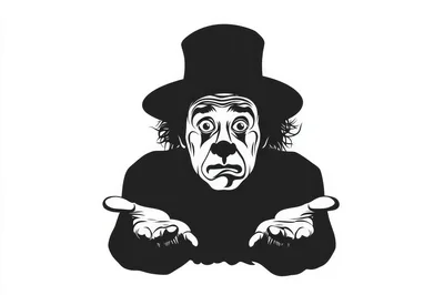 Black And White Illustration Of A Confused Clown