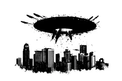 Black And White Silhouette Of Alien Spaceship Over City