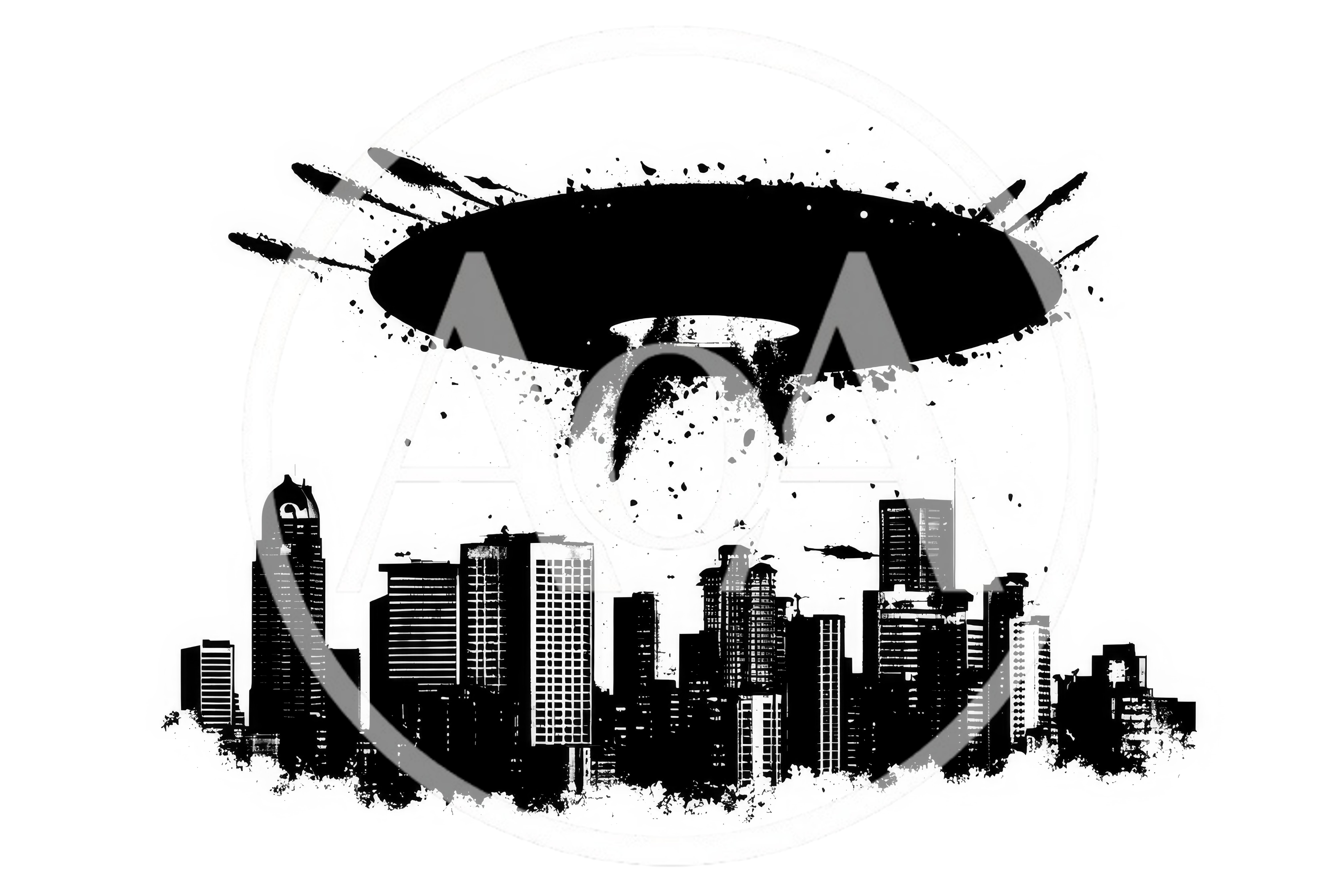 Black And White Silhouette Of Alien Spaceship Over City