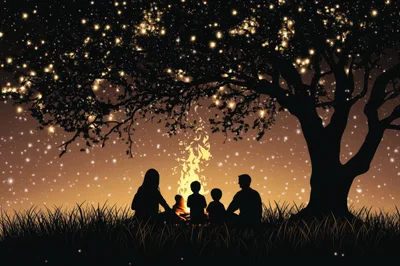 Family Sitting Around A Campfire Under A Starry Tree