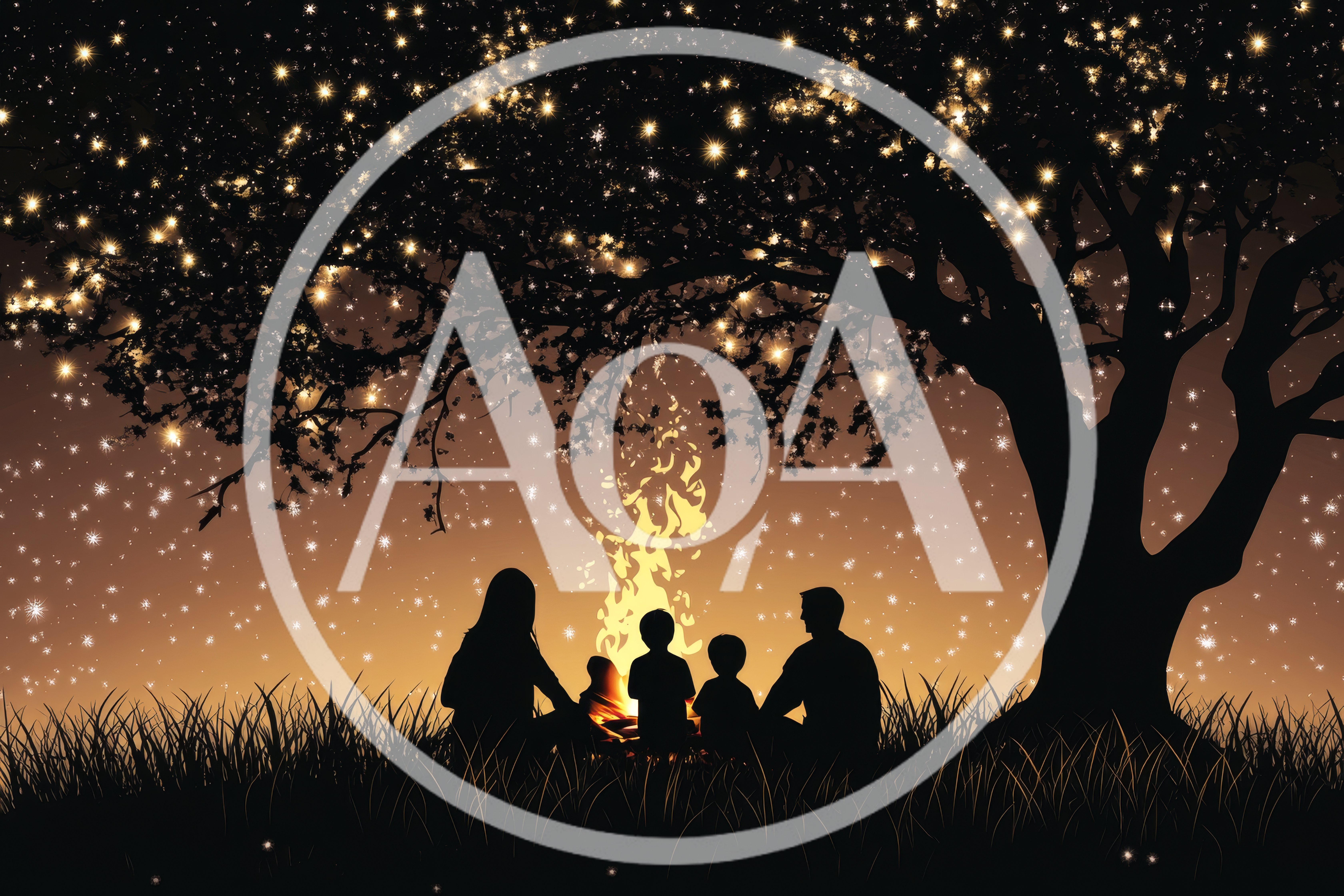 Family Sitting Around A Campfire Under A Starry Tree