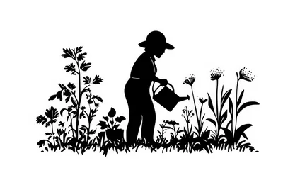 Silhouette Of A Gardener Watering Plants
