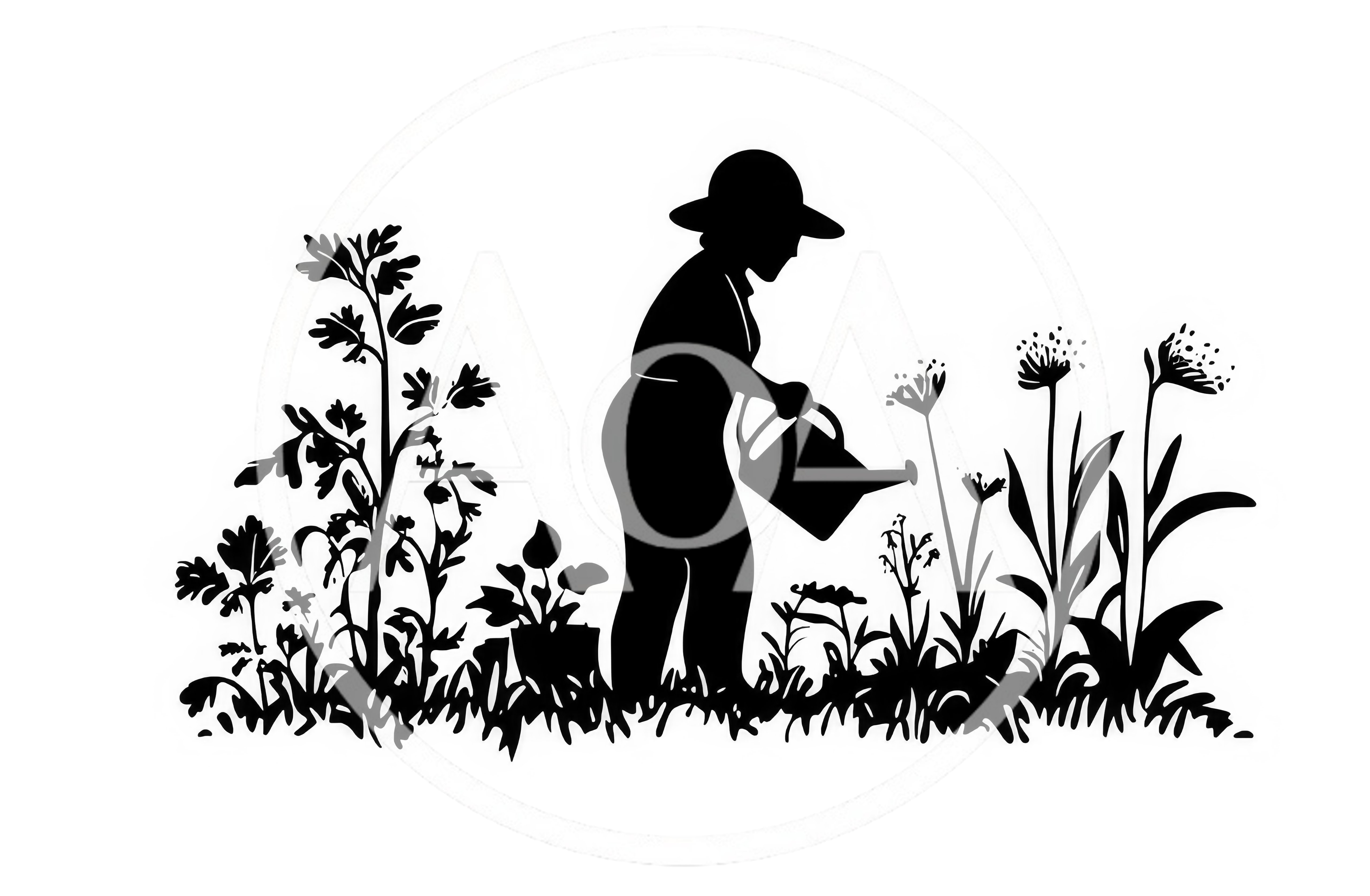Silhouette Of A Gardener Watering Plants