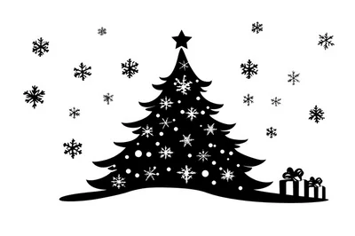 Black Silhouette Christmas Tree With Snowflakes And Gifts