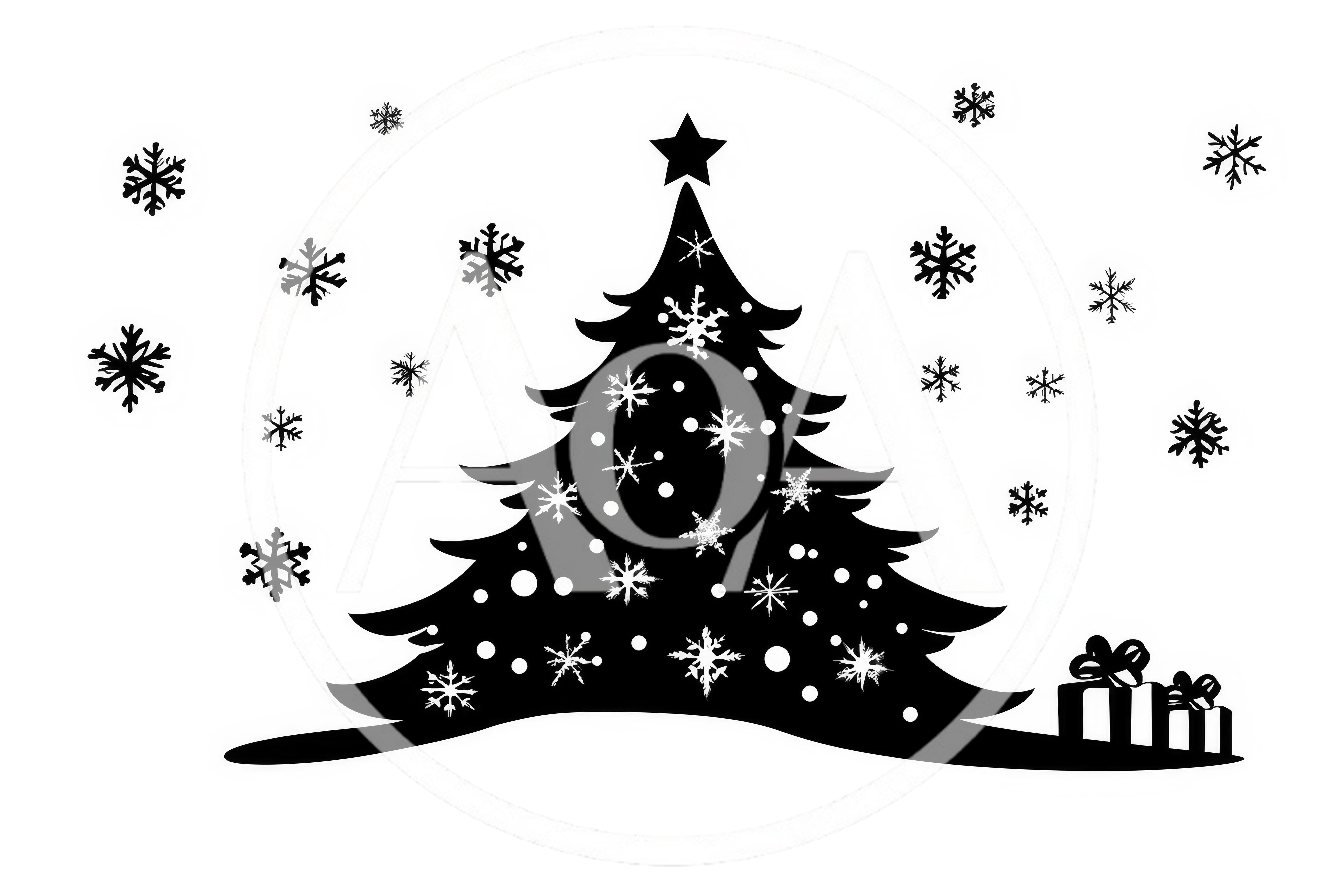Black Silhouette Christmas Tree With Snowflakes And Gifts