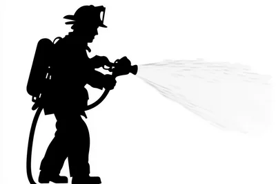 Silhouette Of A Firefighter Spraying Water From A Hose