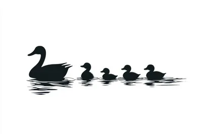 Silhouette Of A Mother Duck And Four Ducklings