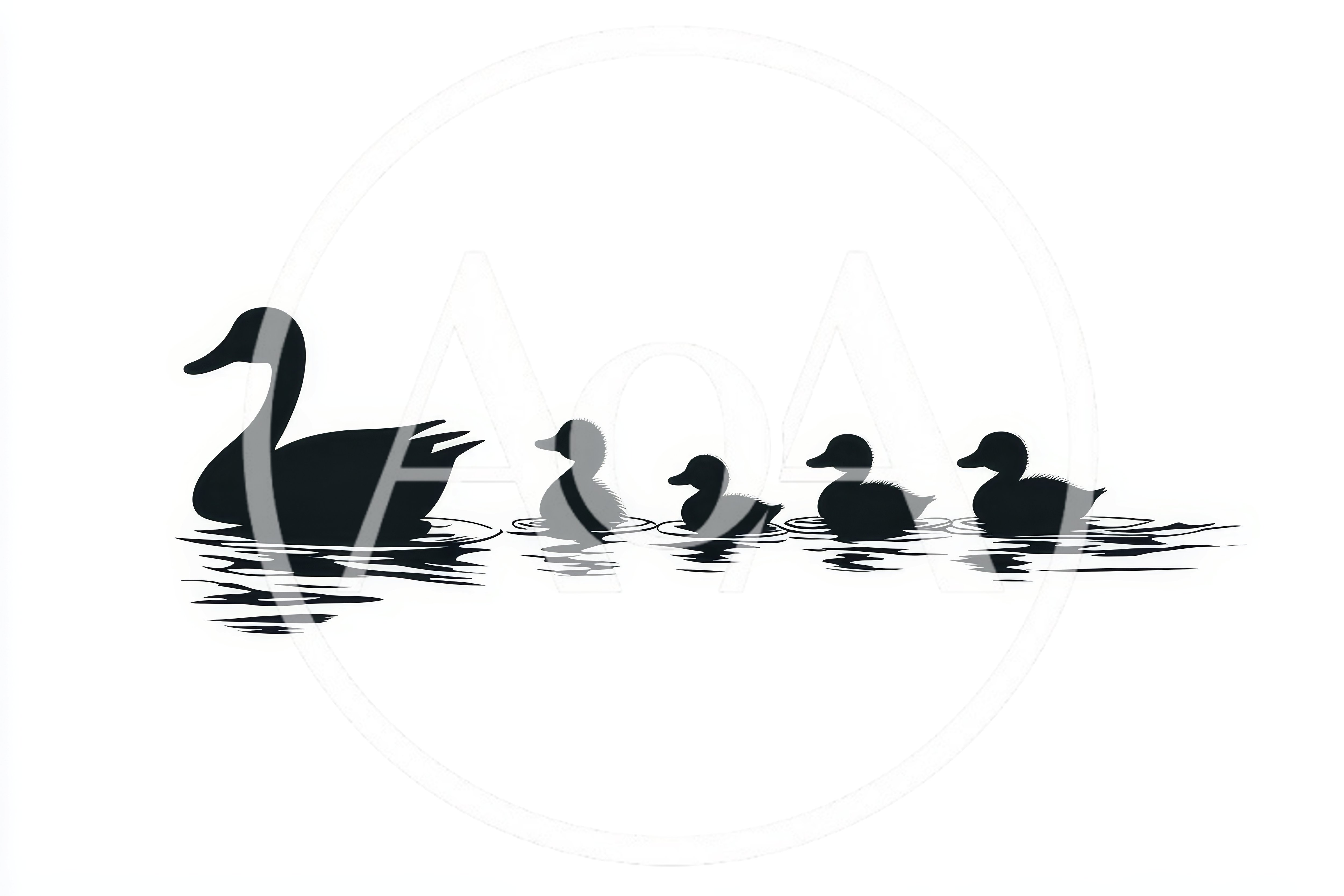 Silhouette Of A Mother Duck And Four Ducklings