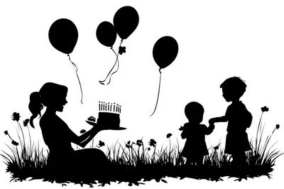 Silhouette Of A Mother Celebrating Birthday With Children