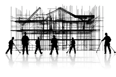 Silhouettes Of Construction Workers Standing Before Scaffolding