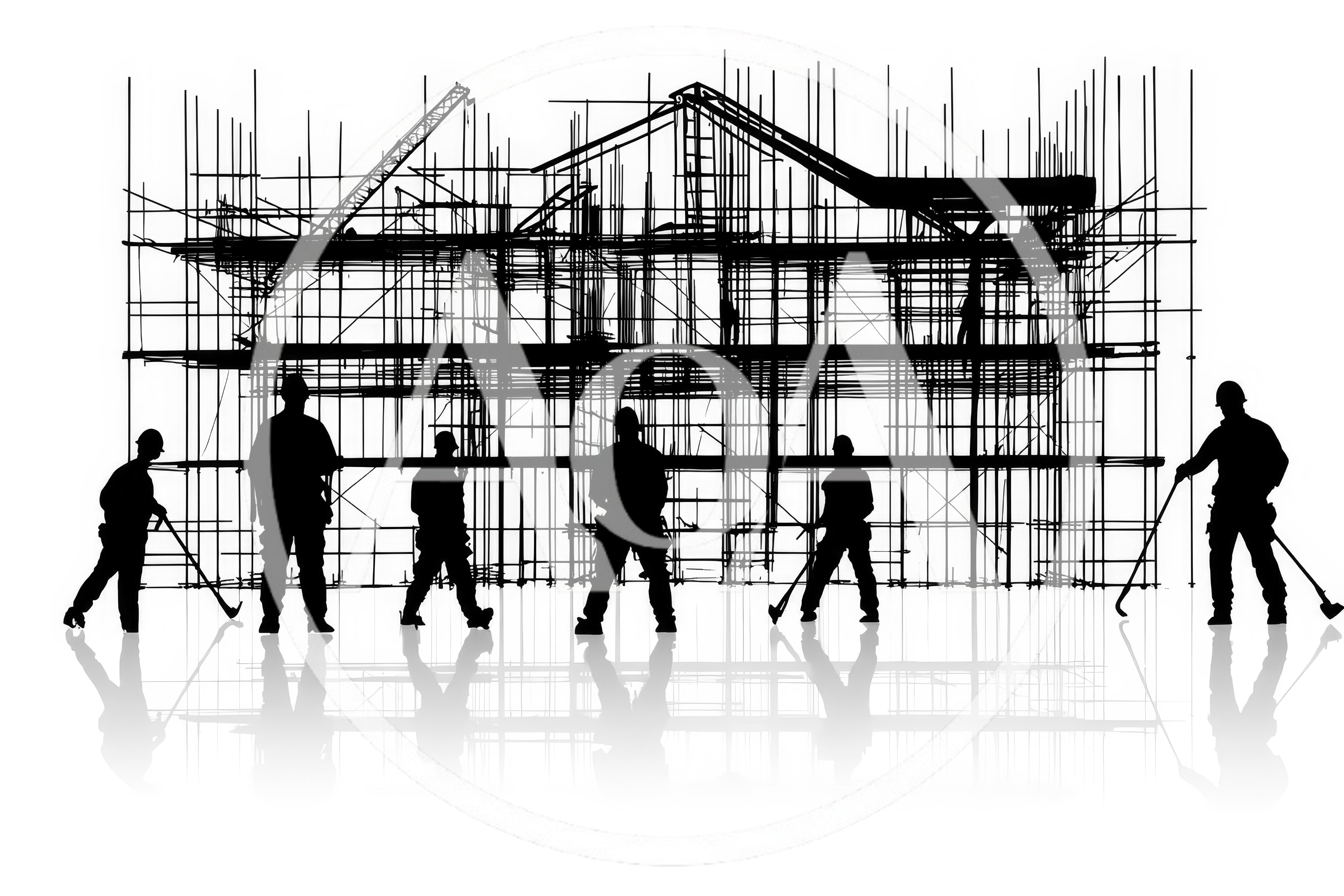 Silhouettes Of Construction Workers Standing Before Scaffolding