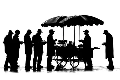 Silhouetted People Waiting In Line At Food Cart