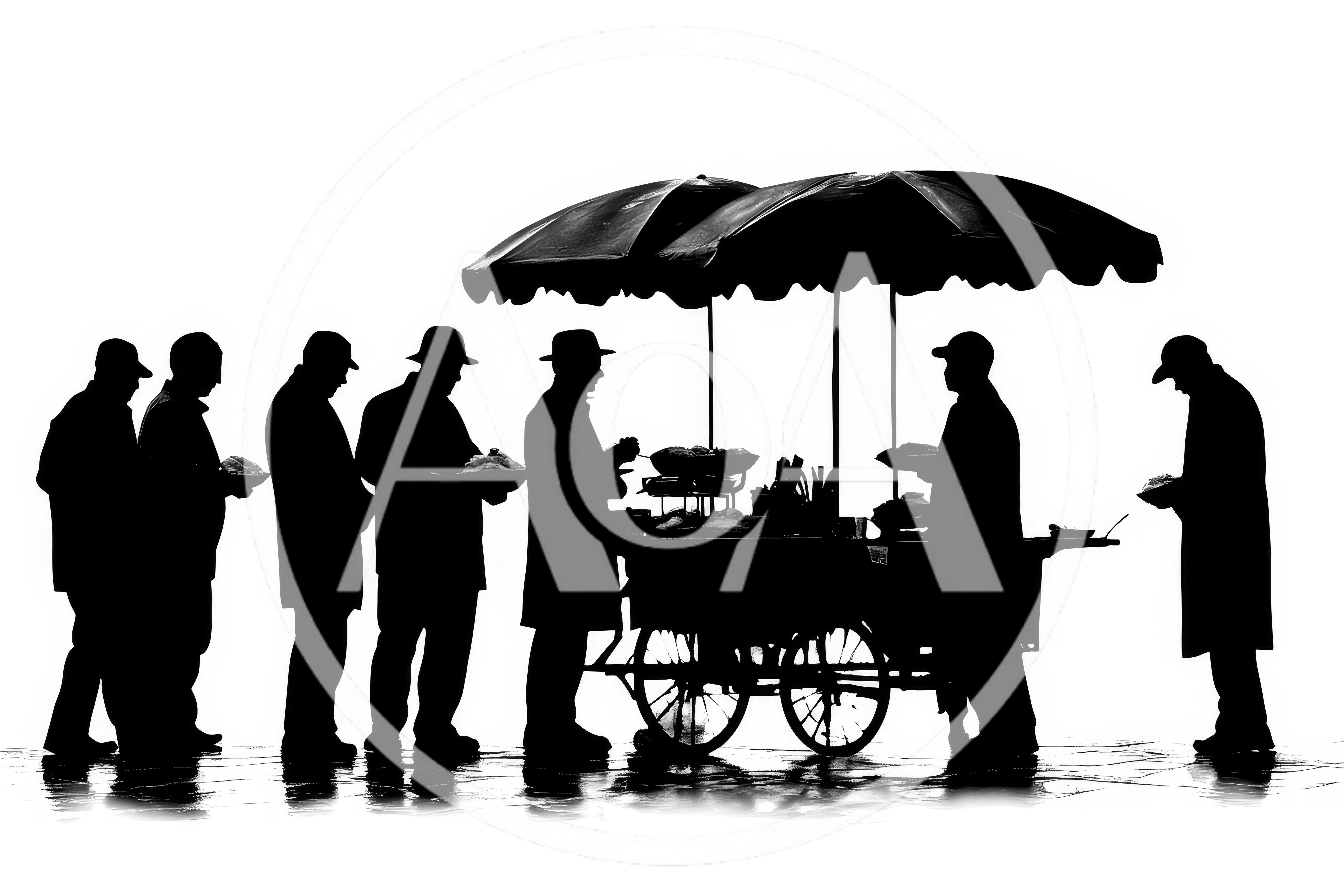 Silhouetted People Waiting In Line At Food Cart