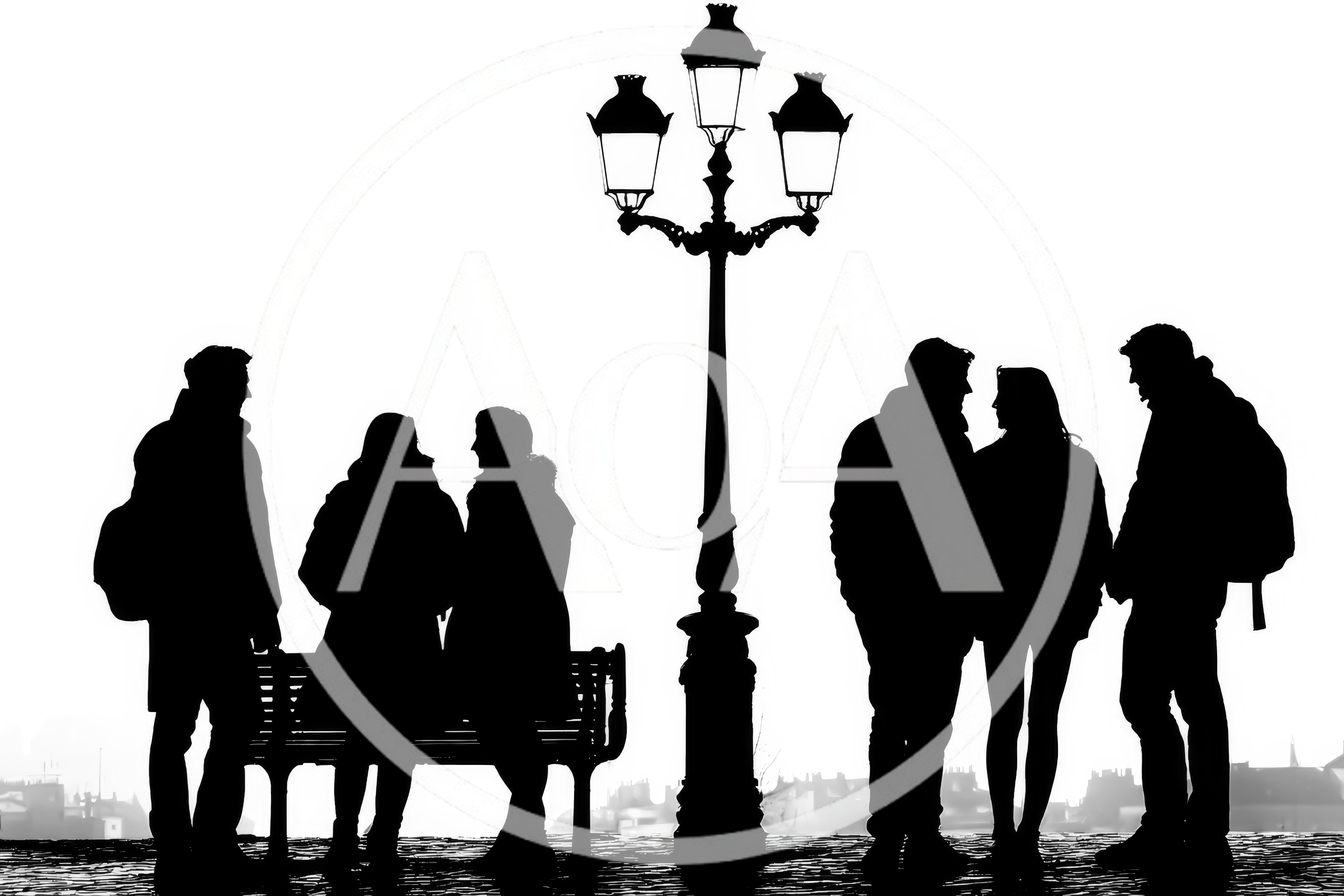 Silhouettes Of People Socializing By A Street Lamp