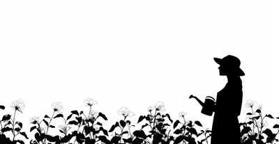 Silhouette Of A Woman Watering Flowers In A Garden