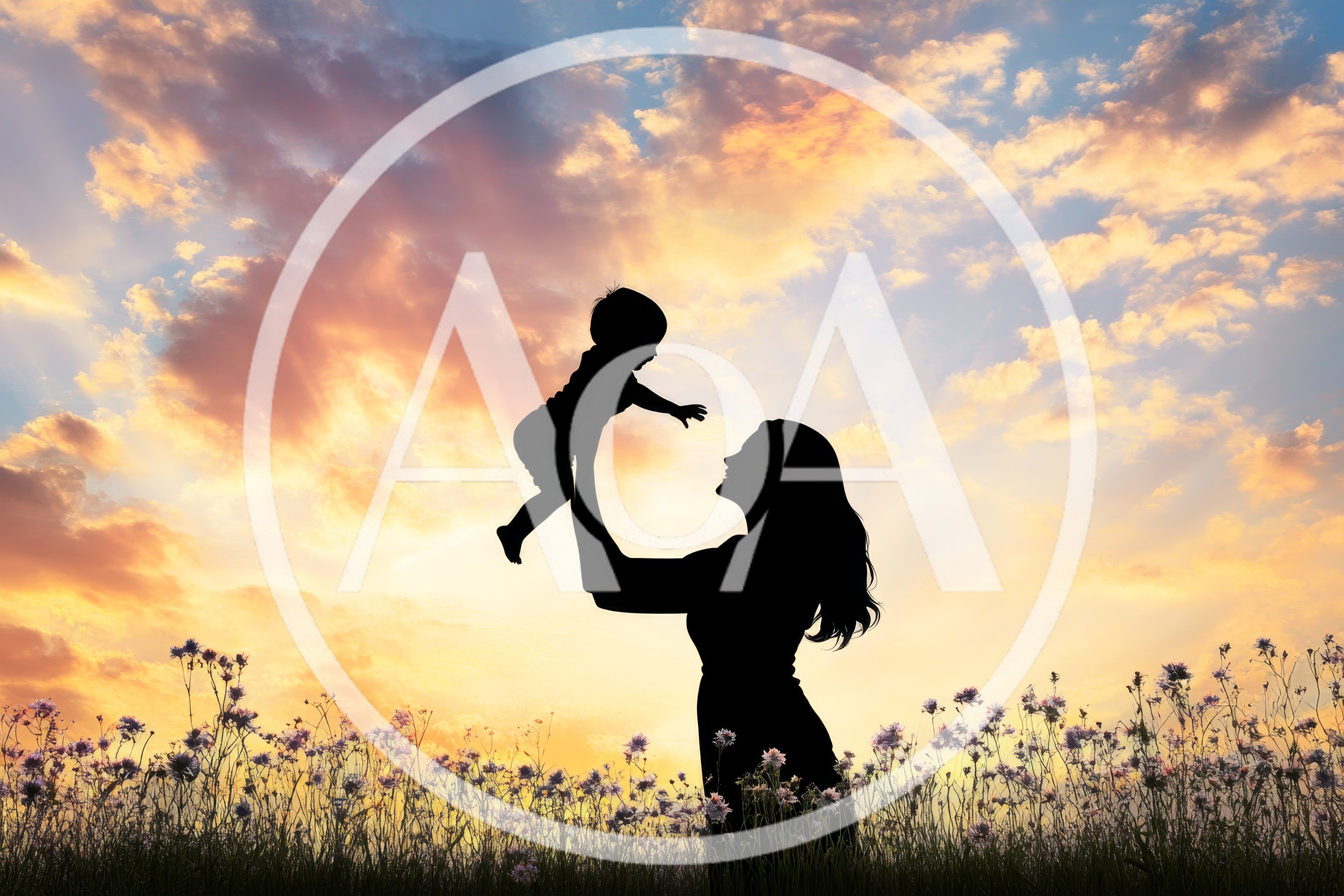 Silhouette of Mother Lifting Baby at Sunset
