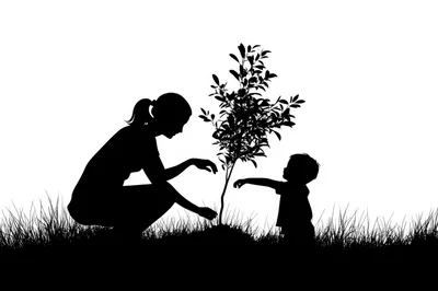 Mother and Child Planting a Tree Silhouette