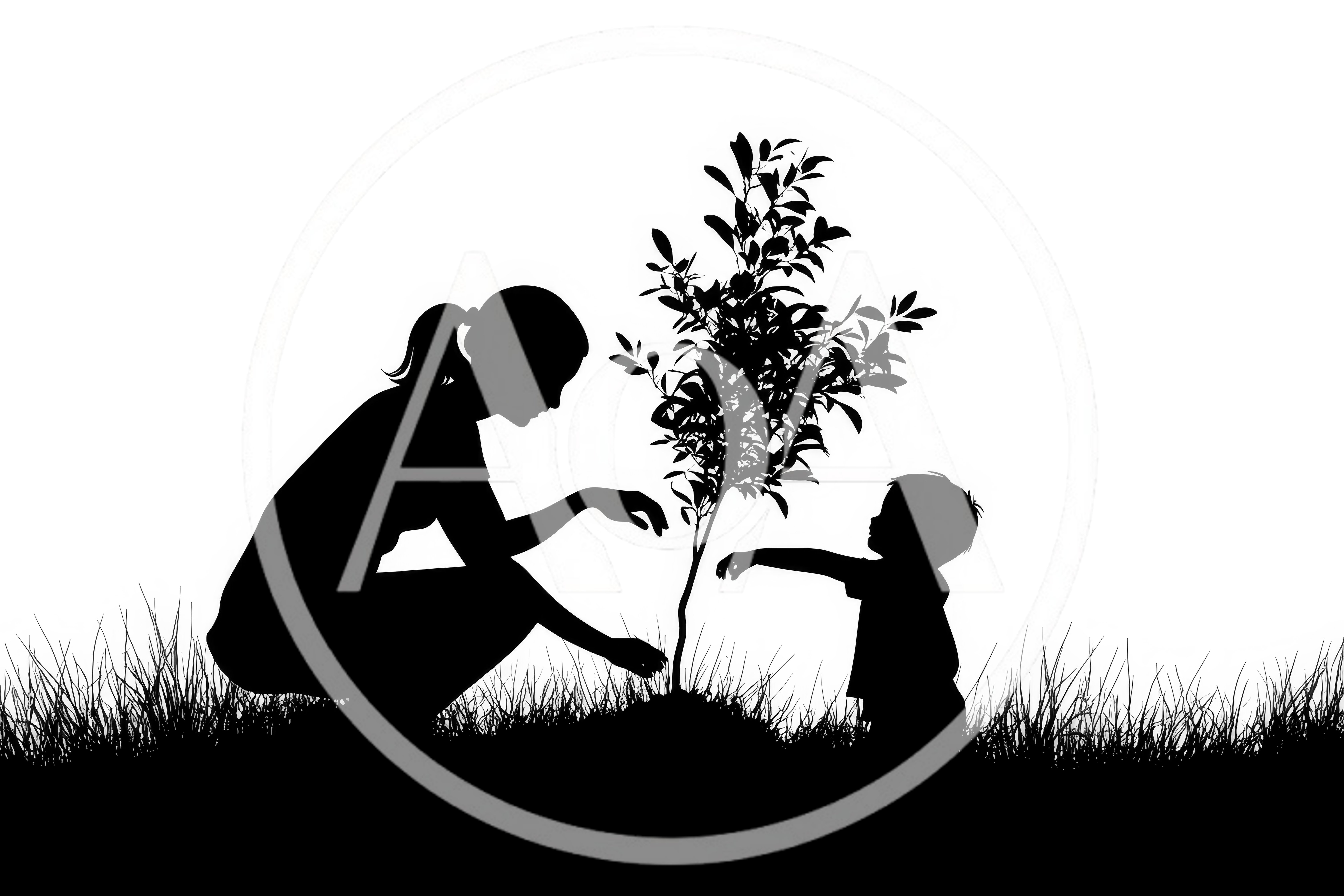 Mother and Child Planting a Tree Silhouette