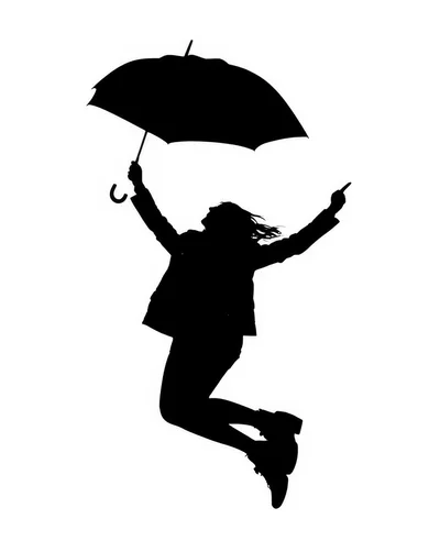 Silhouette Of A Woman Jumping With An Umbrella