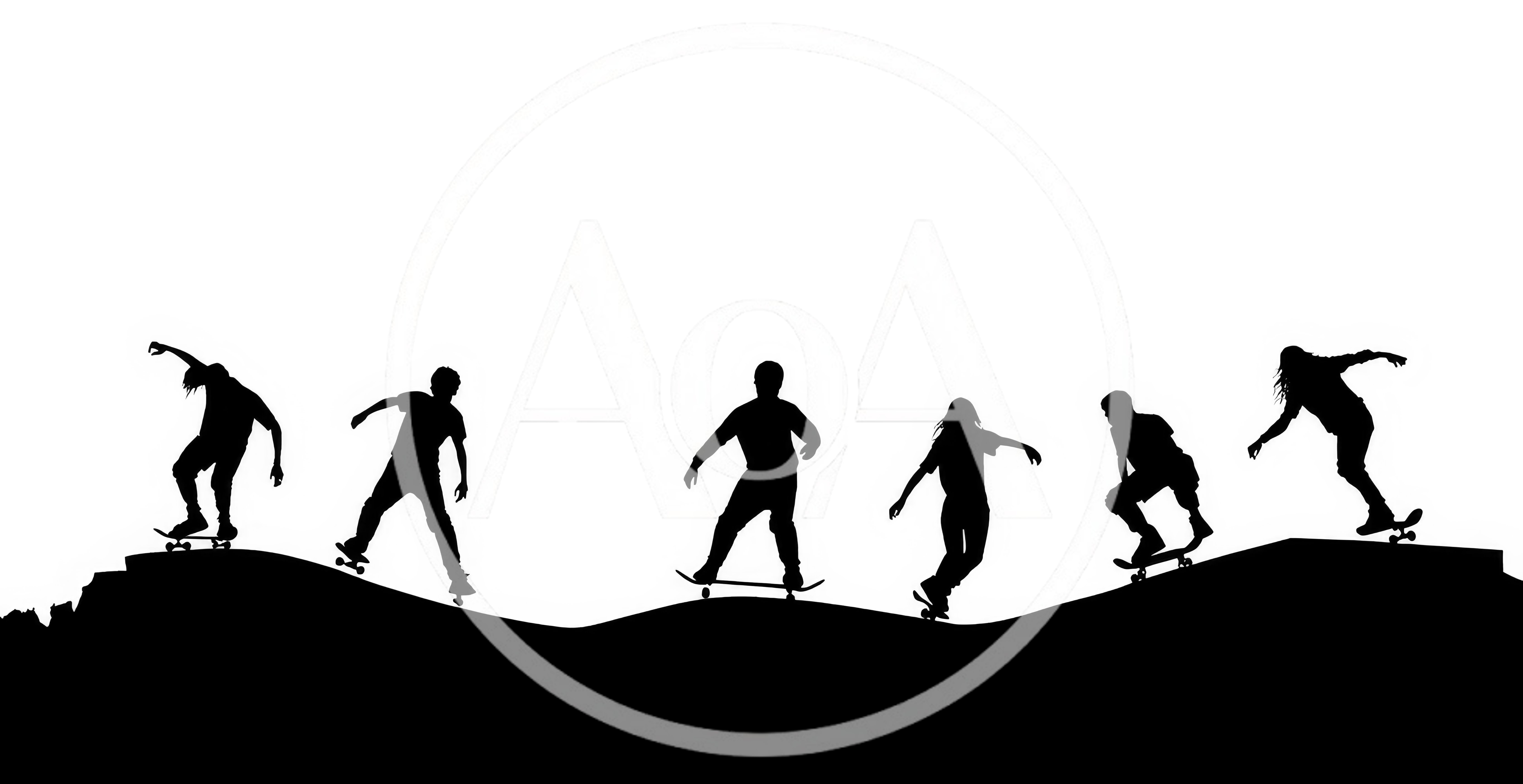 Silhouettes Of Skateboarders Performing Tricks On A Ramp