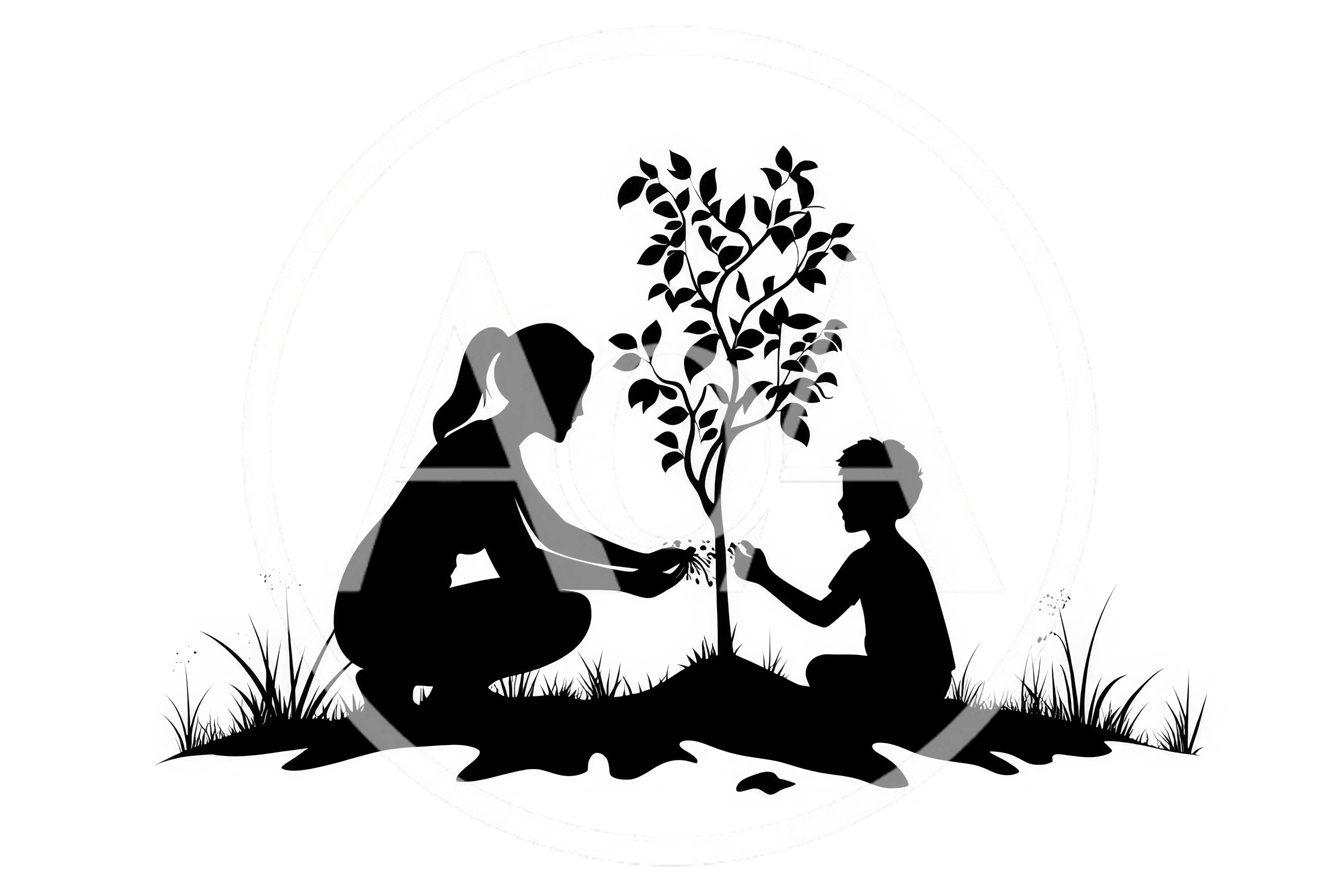 Mother and Child Planting a Tree Silhouette