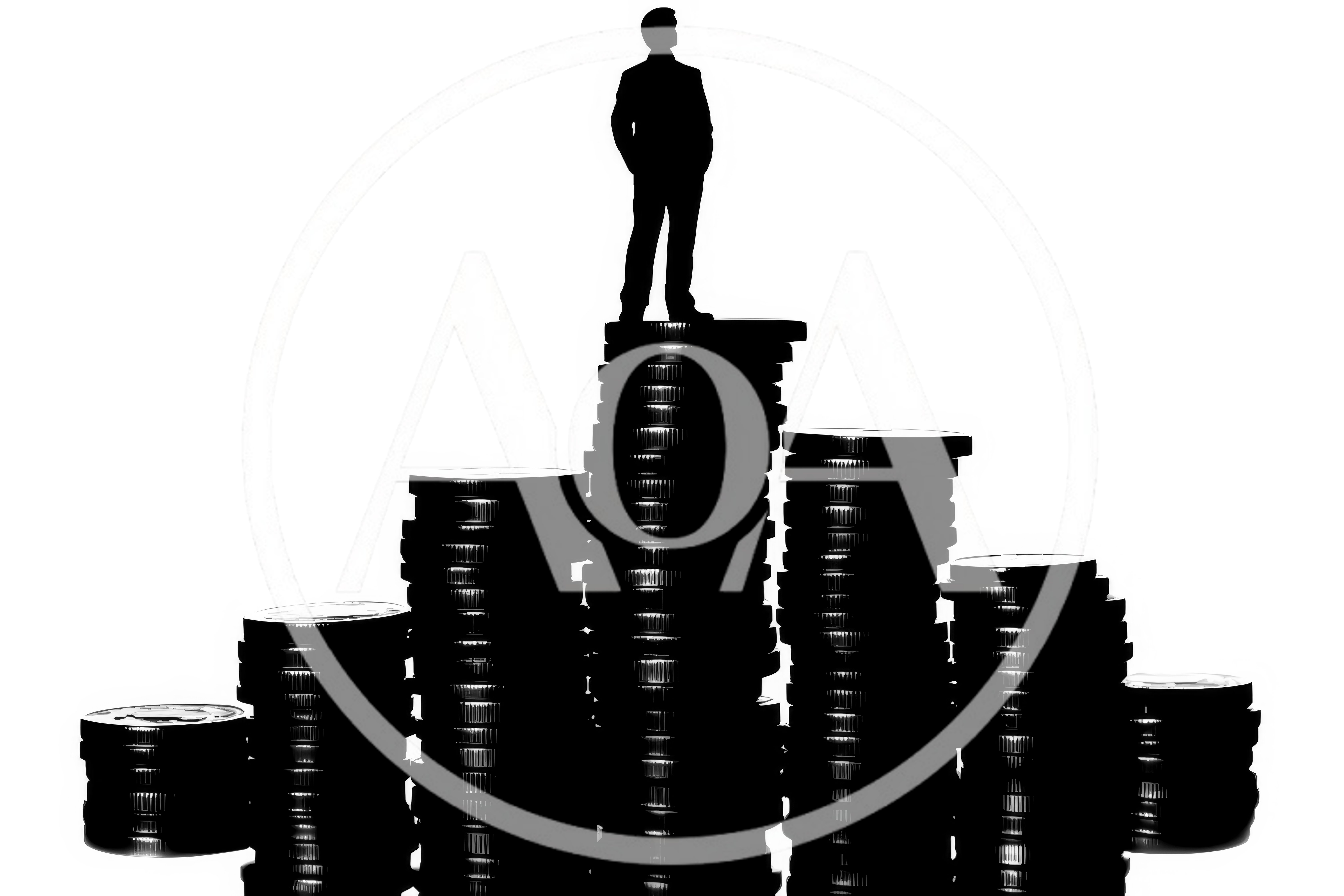 Silhouette Of A Businessman Standing On Coin Stacks