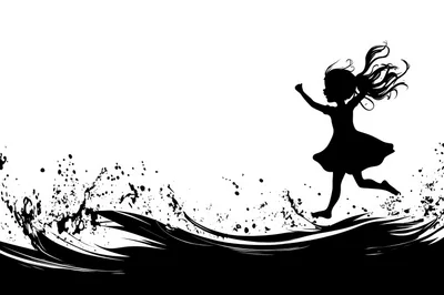 Silhouette Of A Young Girl Running Through Water Splashes