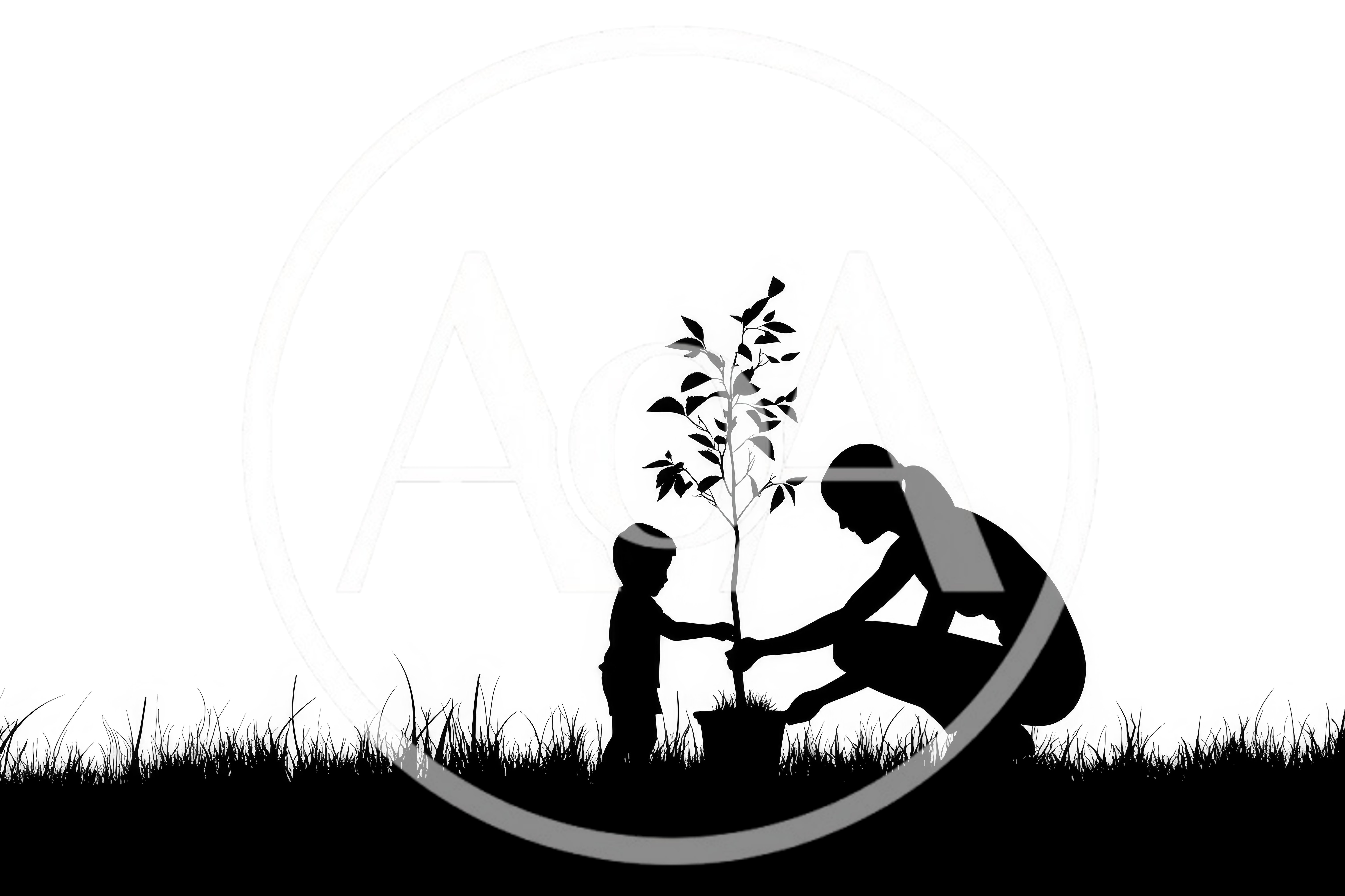 Silhouette of Mother and Child Planting a Tree