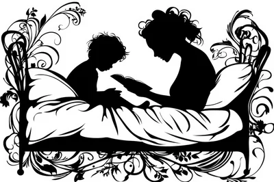 Silhouette Illustration of Mother Reading to Child in Bed
