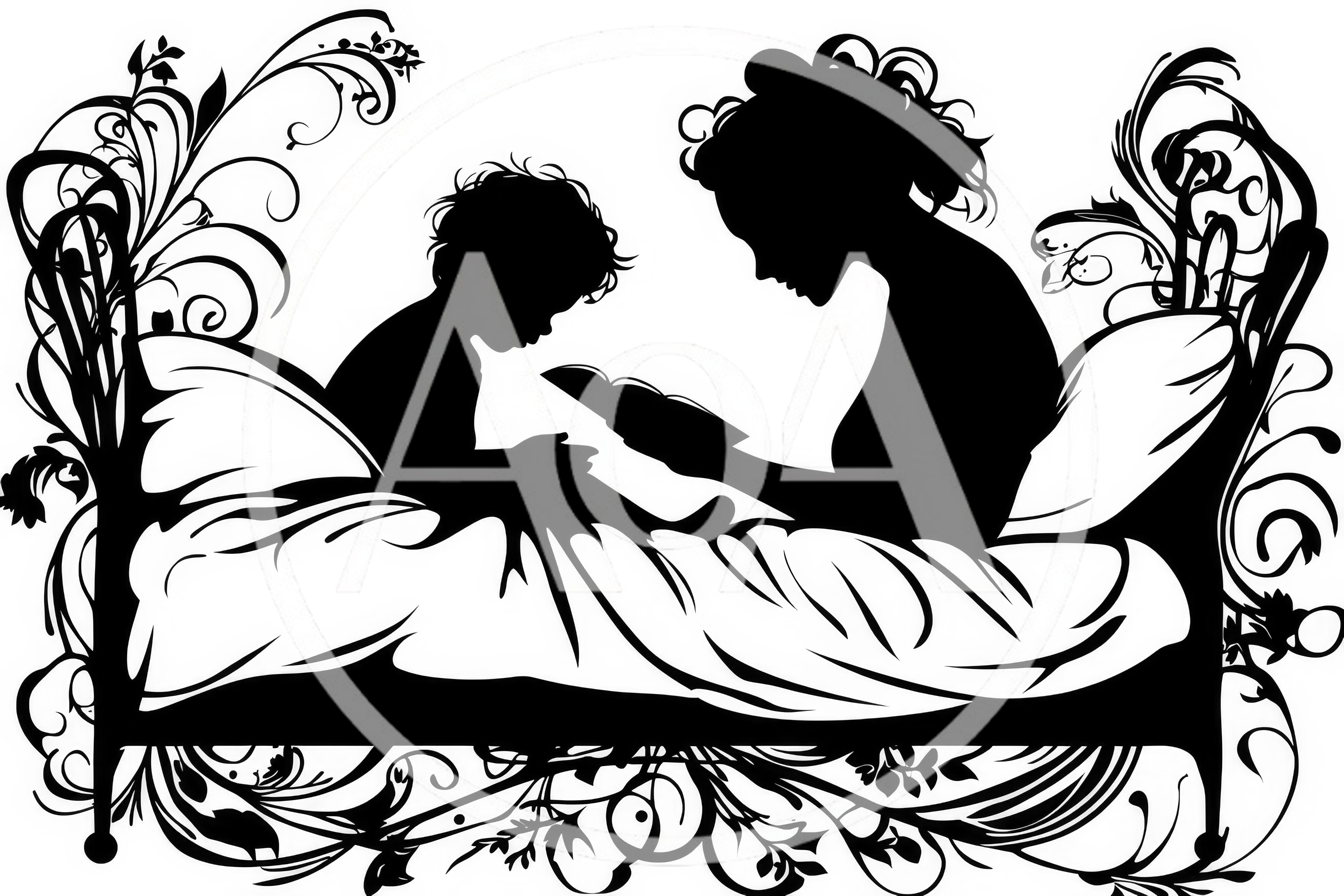 Silhouette Illustration of Mother Reading to Child in Bed