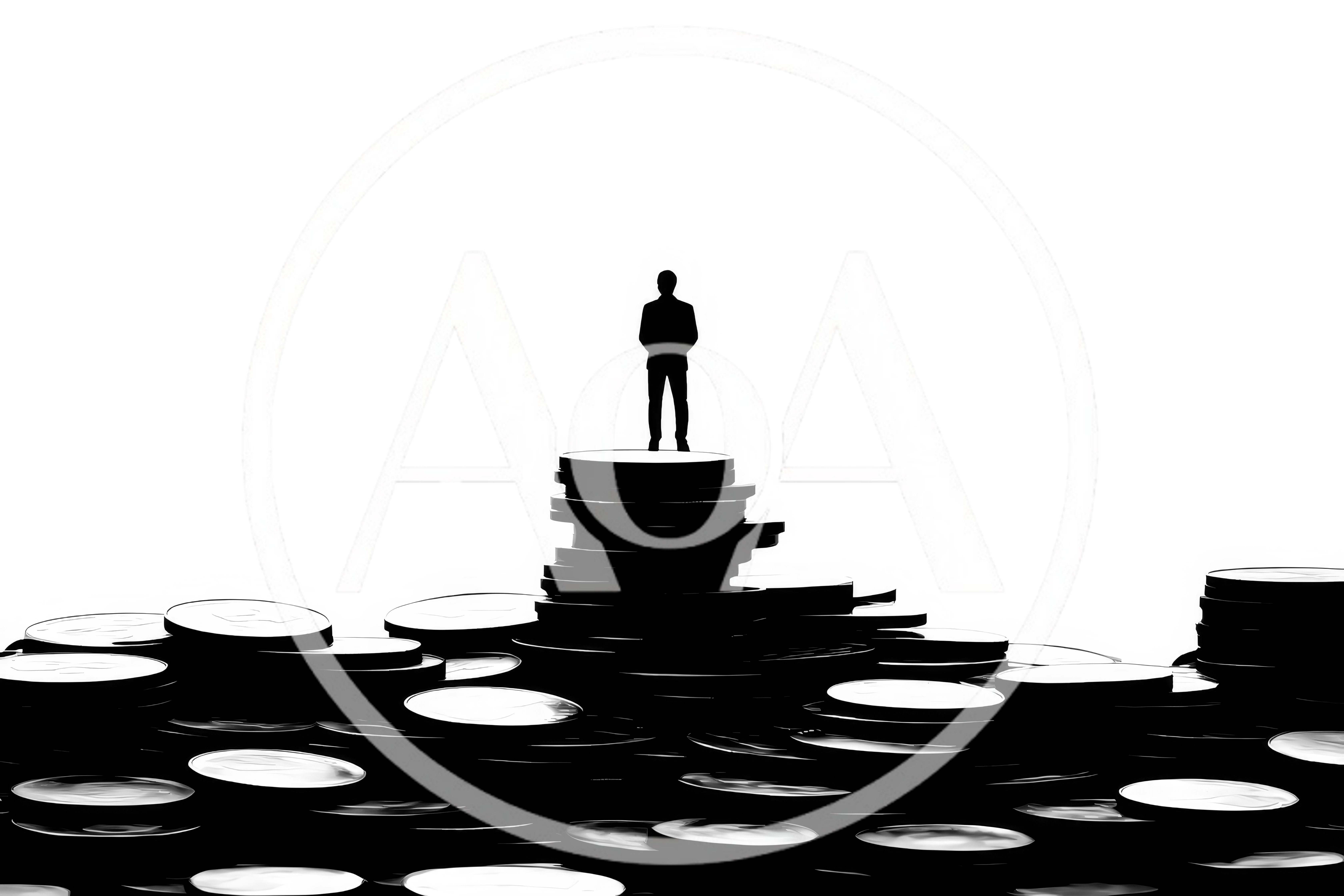 Silhouette Of A Businessman Standing On A Coin Stack