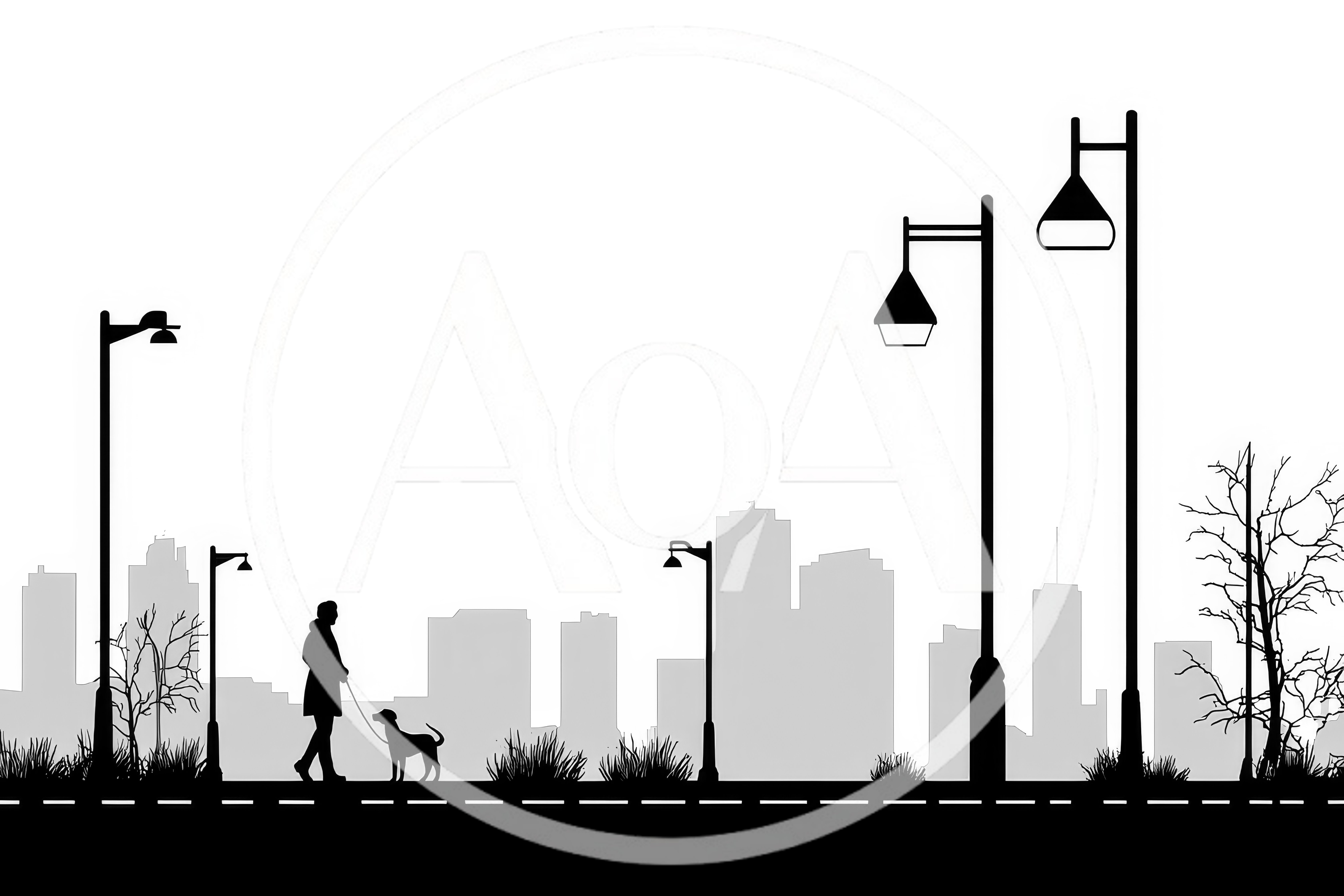 Silhouette Of A Person Walking A Dog In City