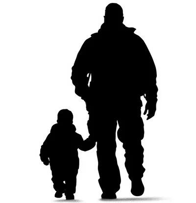 Silhouette Of A Soldier Walking With A Small Child