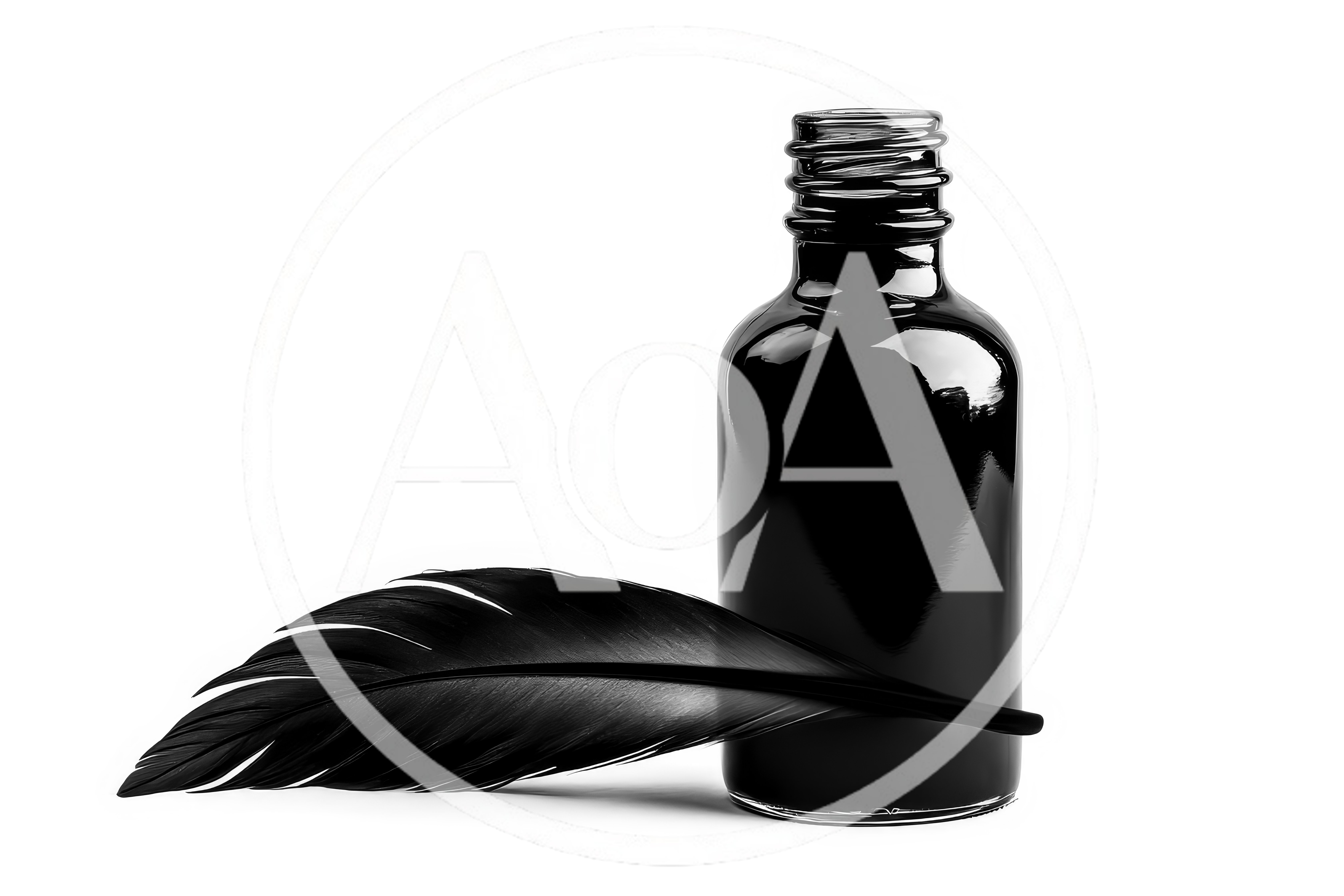 Black Ink Bottle With A Feather Quill
