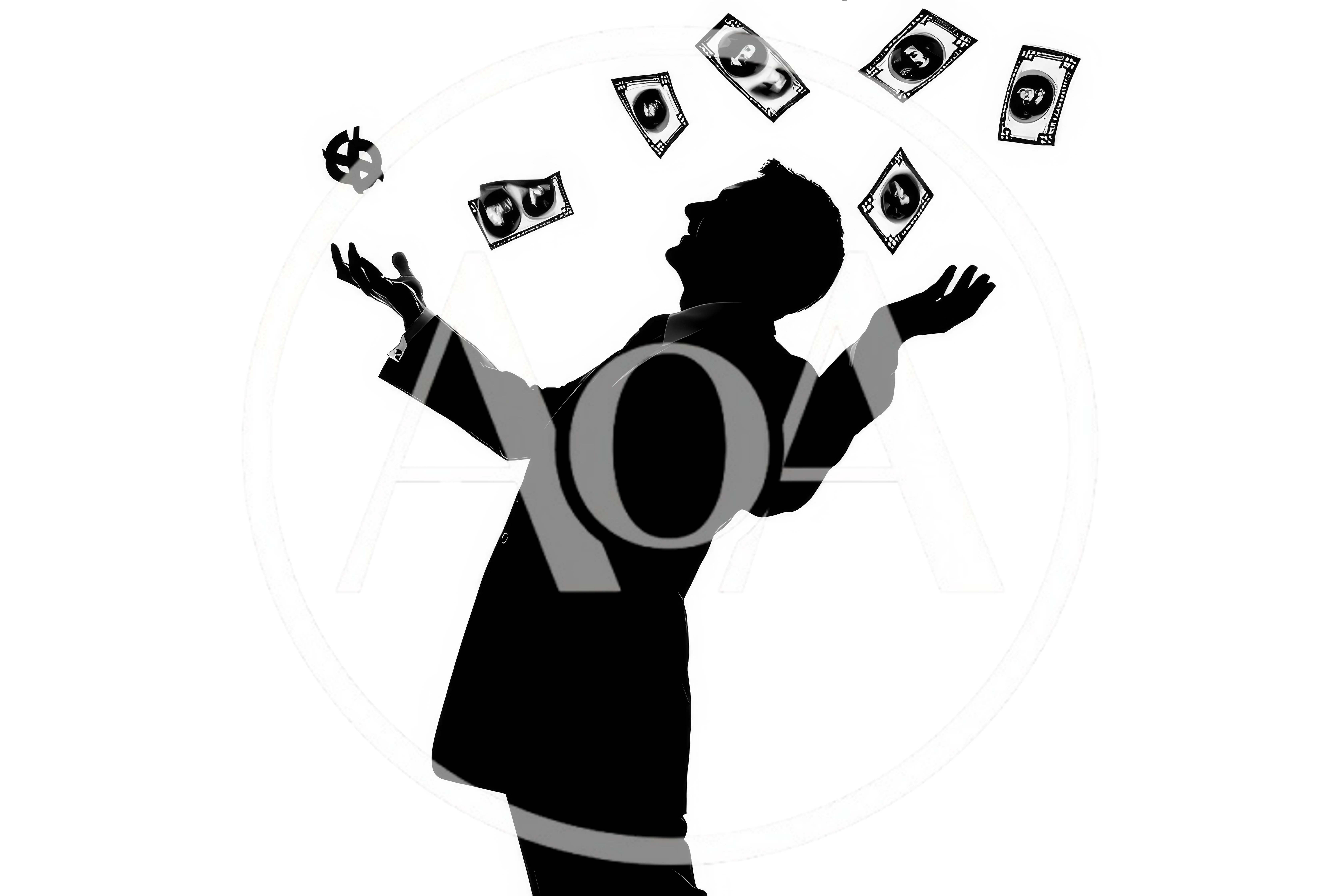 Silhouette Of A Businessman Juggling Money And Currency Symbols