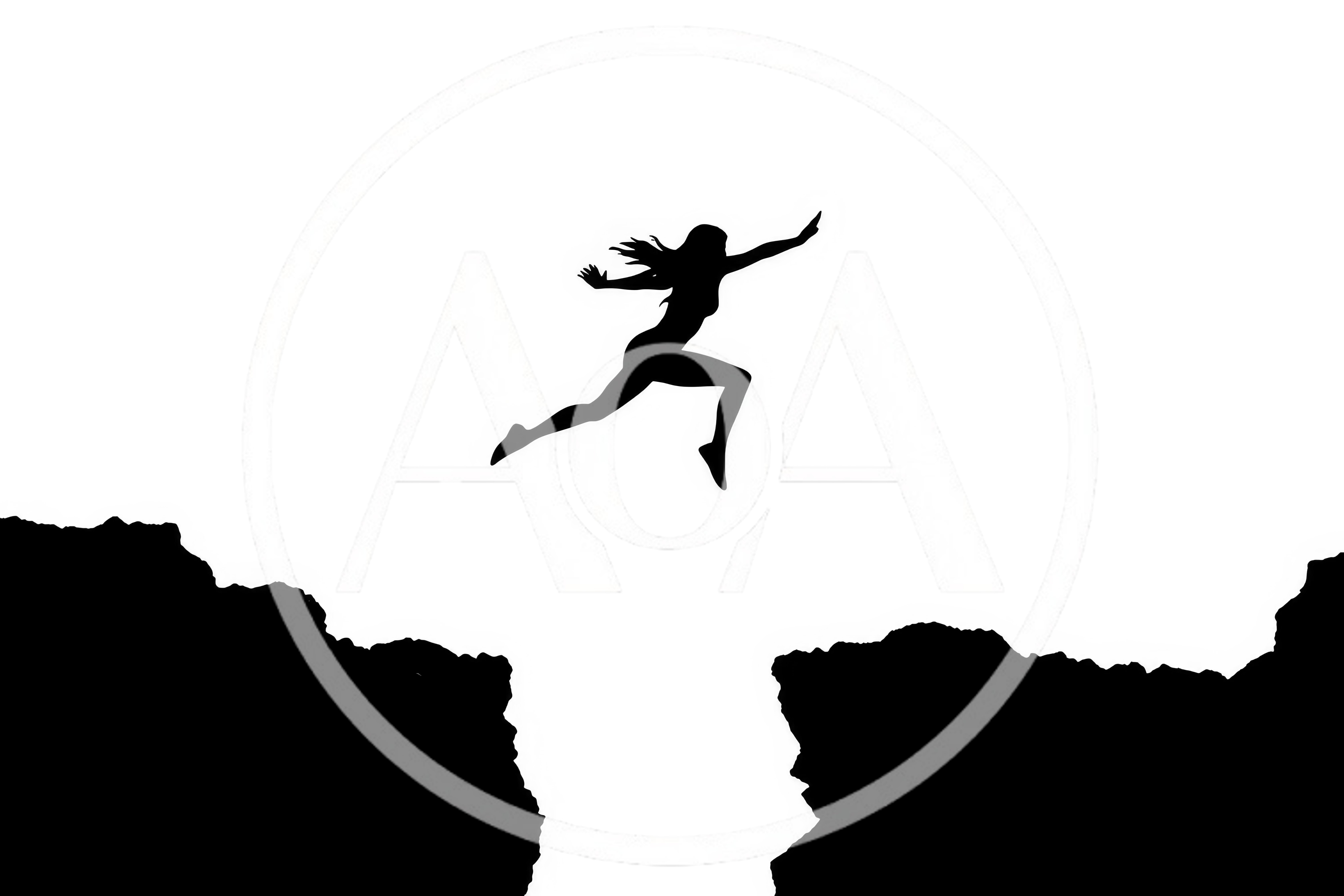 Silhouette Of A Woman Jumping Across A Cliff Gap