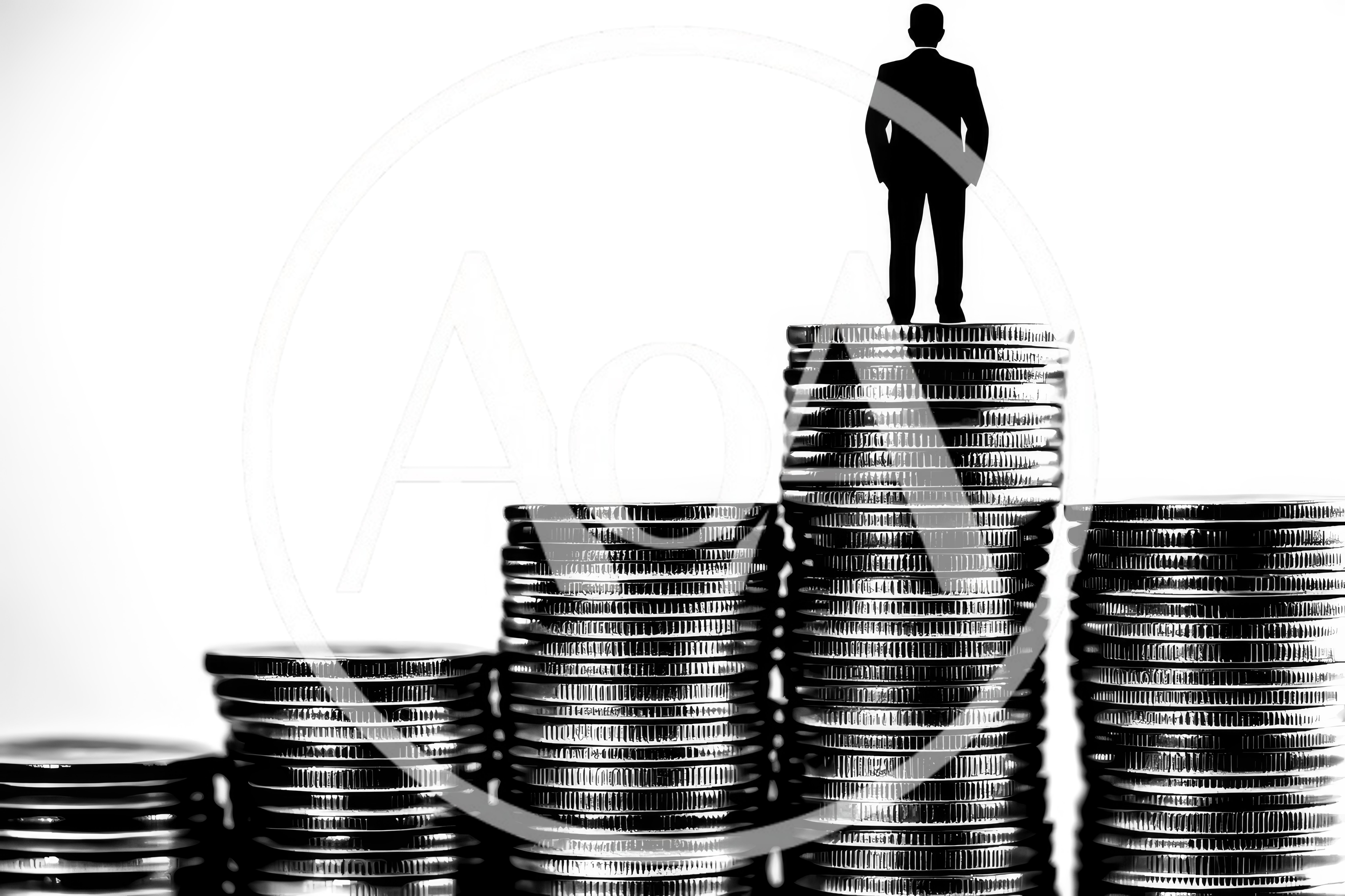 Silhouette Of Businessman Standing On Stack Of Coins