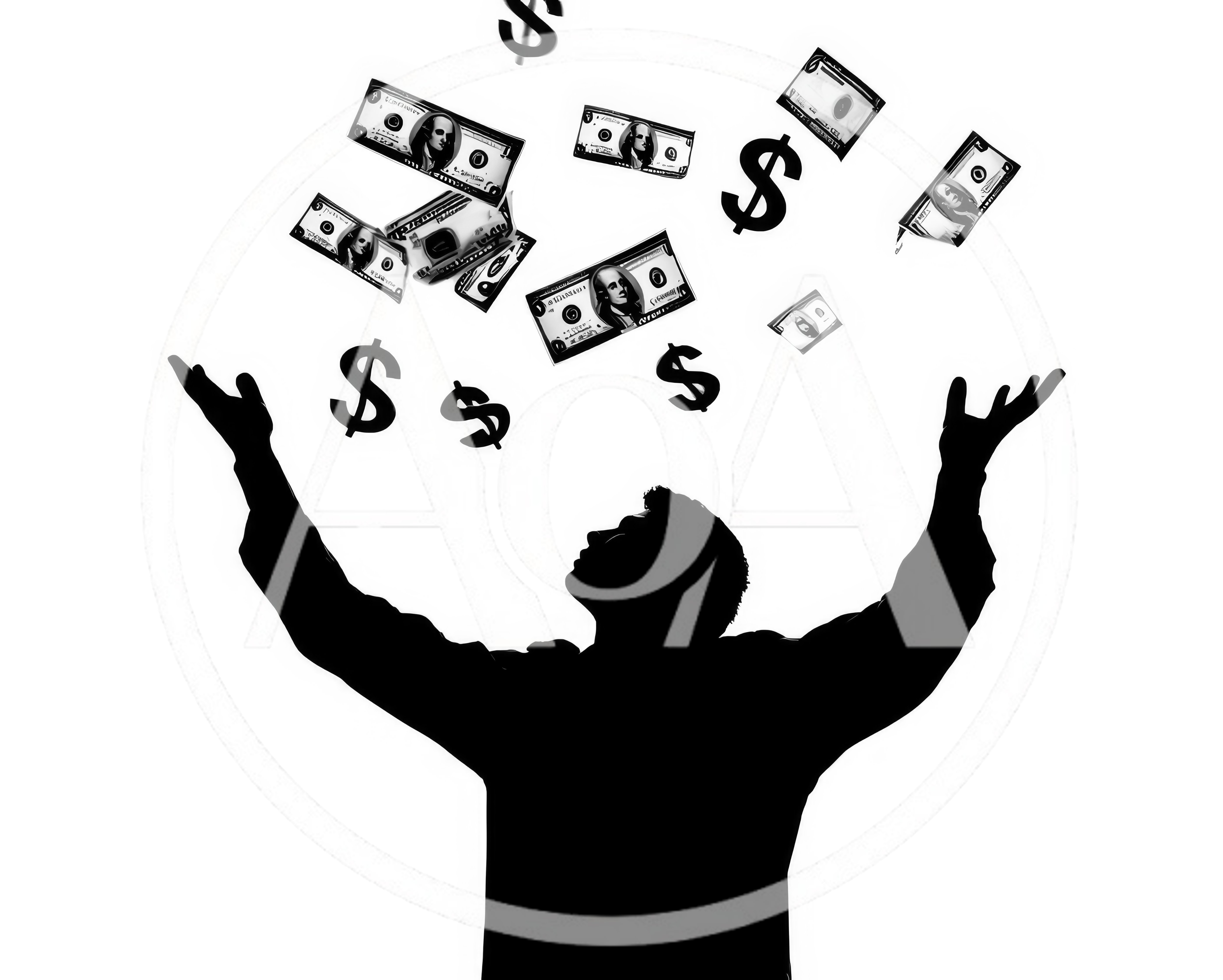 Silhouette Of A Man Reaching For Falling Money