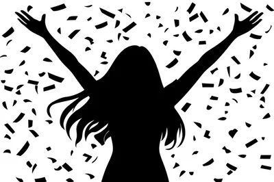 Silhouette Of A Woman Celebrating With Falling Confetti