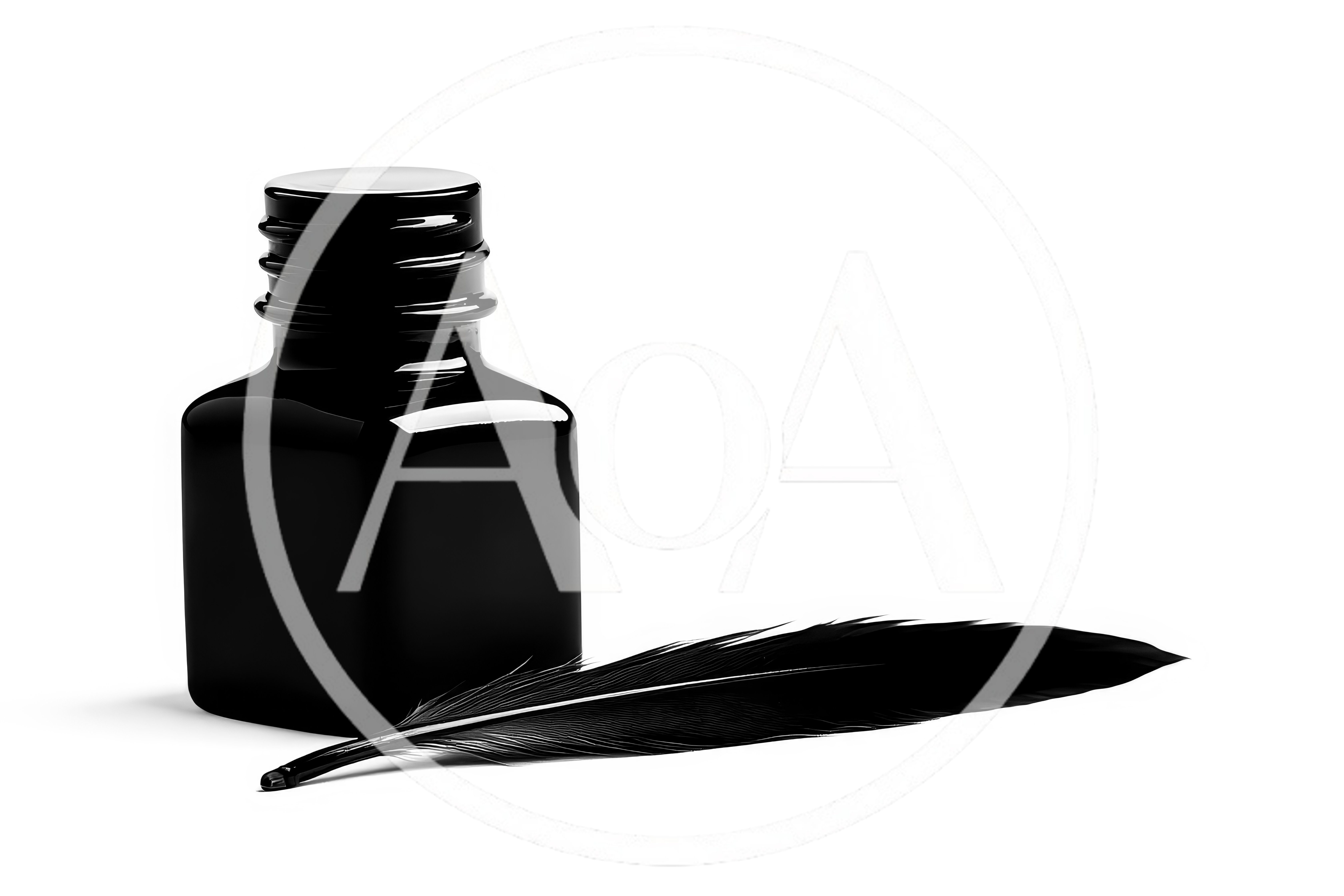 Black Ink Bottle And Quill Pen On White Background