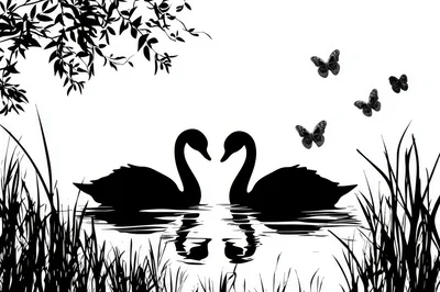 Silhouette Of Two Swans In A Romantic Pond Setting