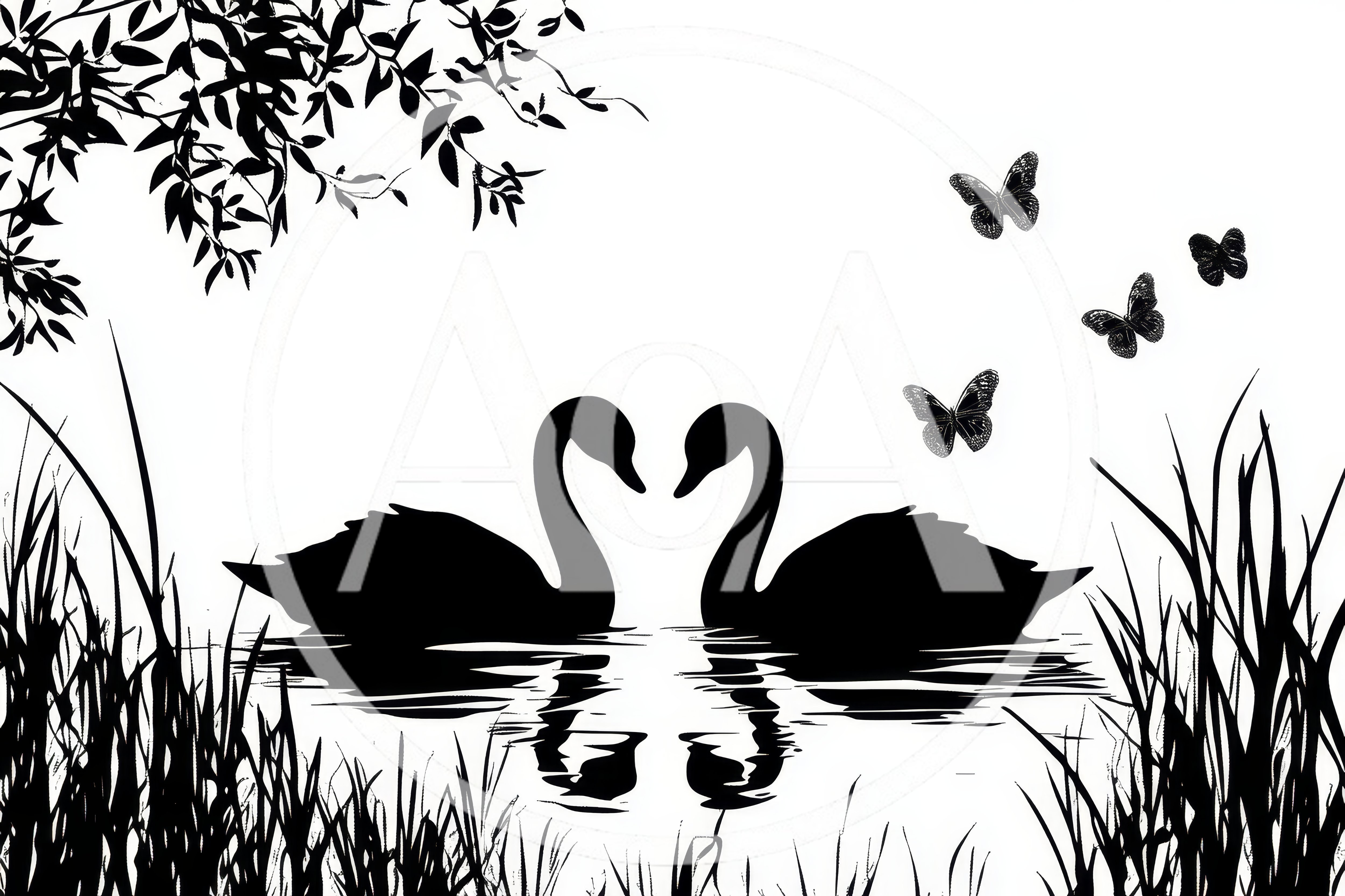 Silhouette Of Two Swans In A Romantic Pond Setting