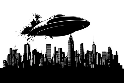 UFO Flying Over A City Skyline Silhouette