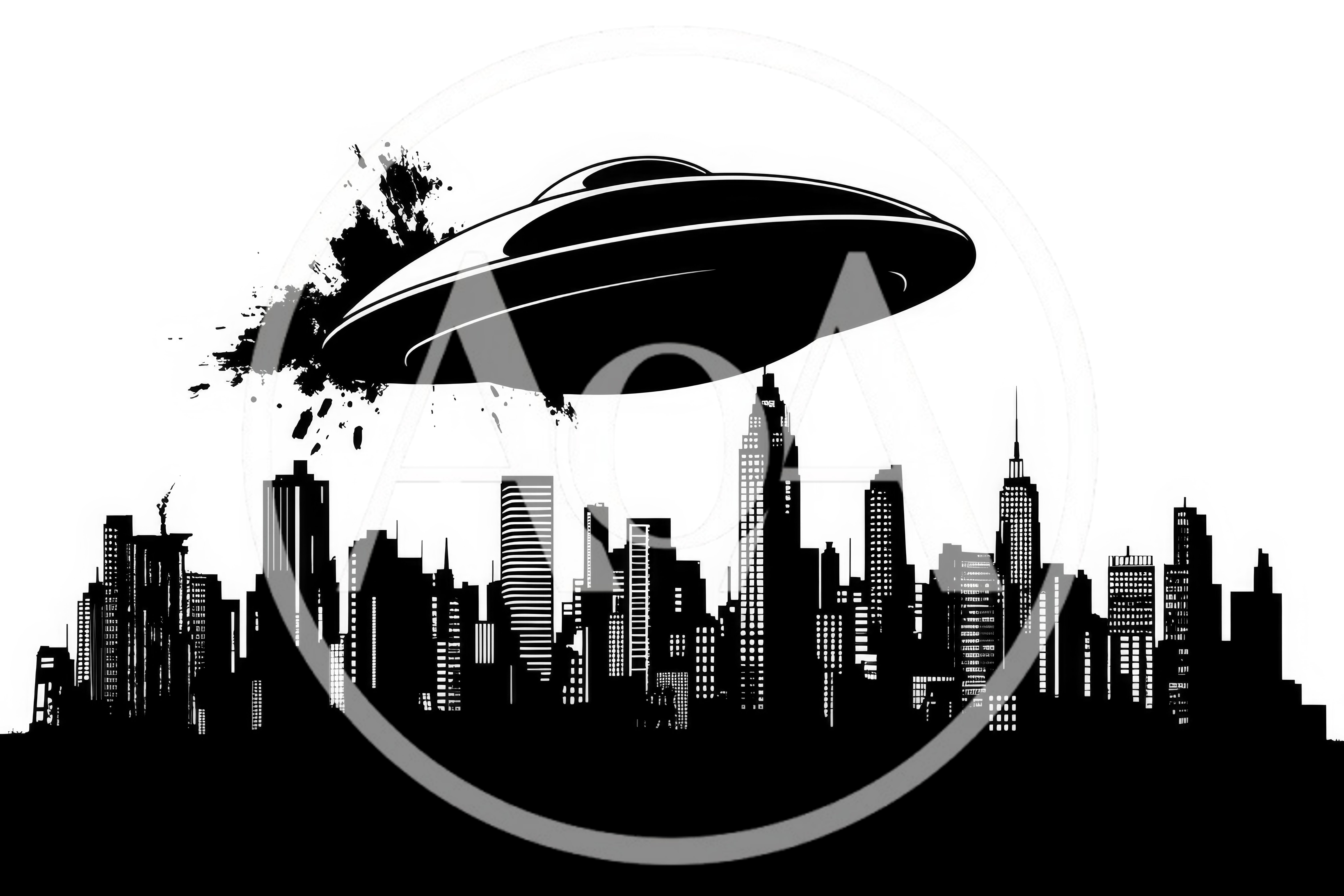 UFO Flying Over A City Skyline Silhouette