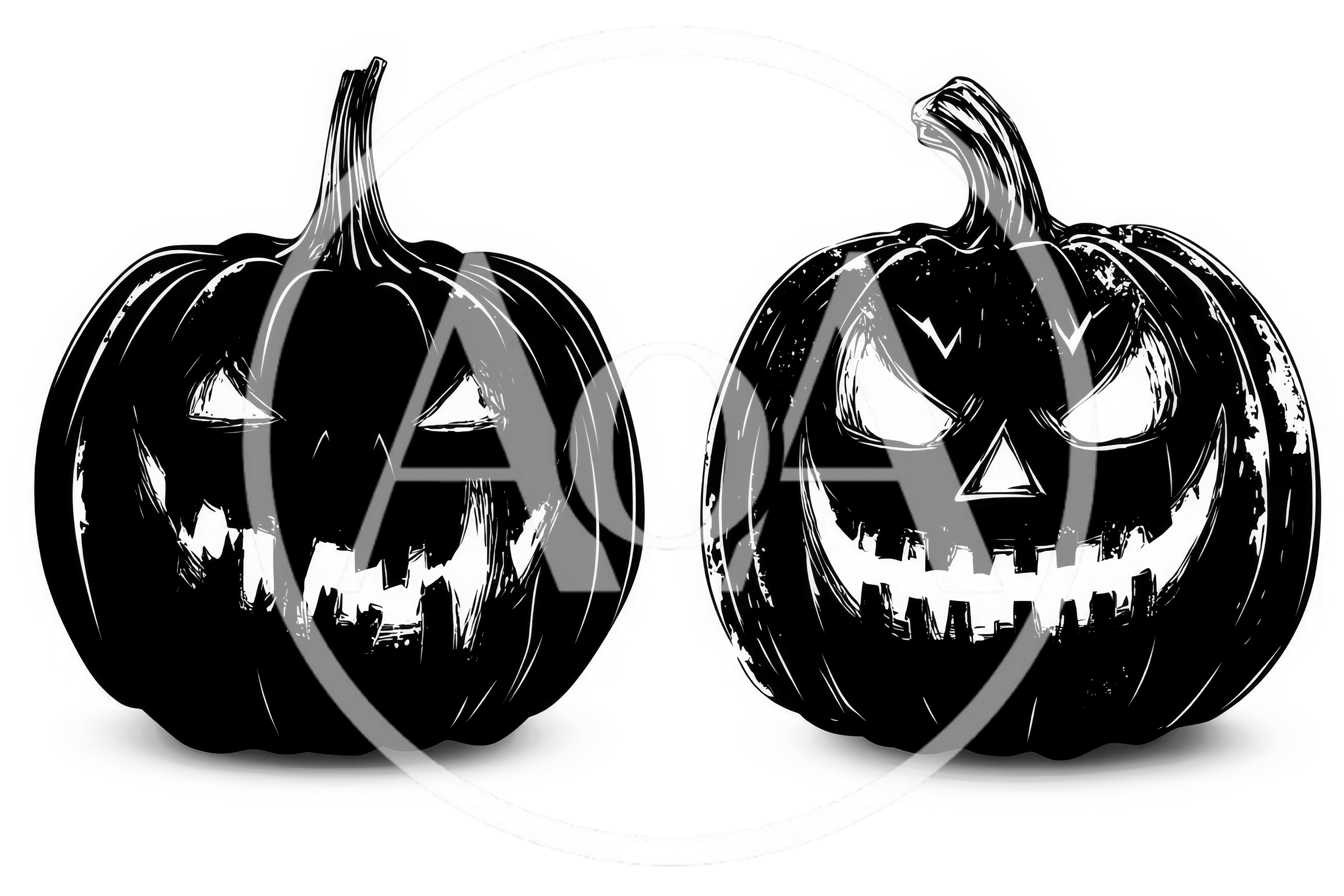 Two Spooky Jack O Lanterns In Black And White