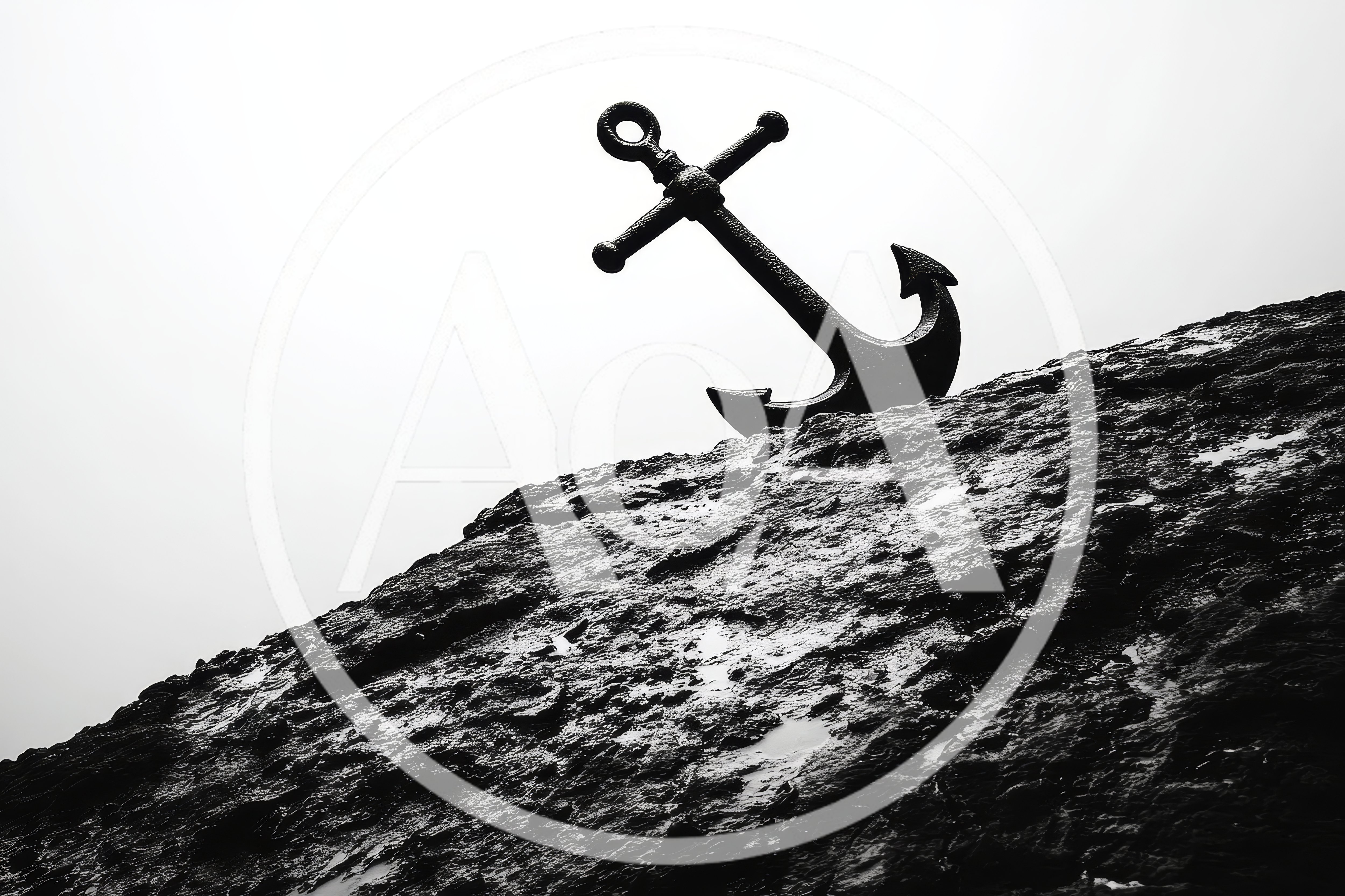 Black Metal Anchor Resting On A Rocky Cliffside