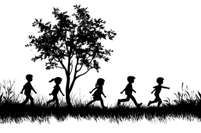 Silhouette Of Children Running In A Grassy Field